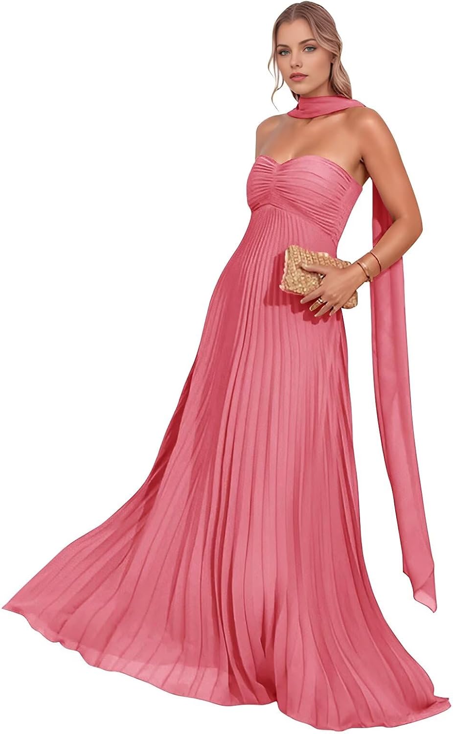 Women's Chiffon Bridesmaid Dresses with Scarf Pleated Strapless A Line Sweetheart Long Formal Evening Dress