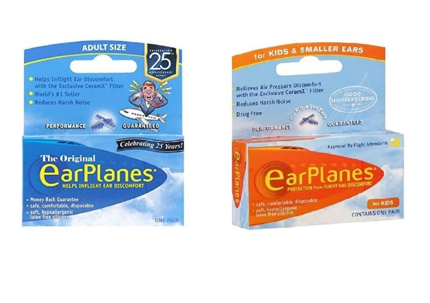 earplanes combo pack, travel earplugs,earplugs airplane travel ear protection,prevent in flight ear discomfort,pressure preventing earplug for both kids and adults (adult 1 pair + kids 1 pair)