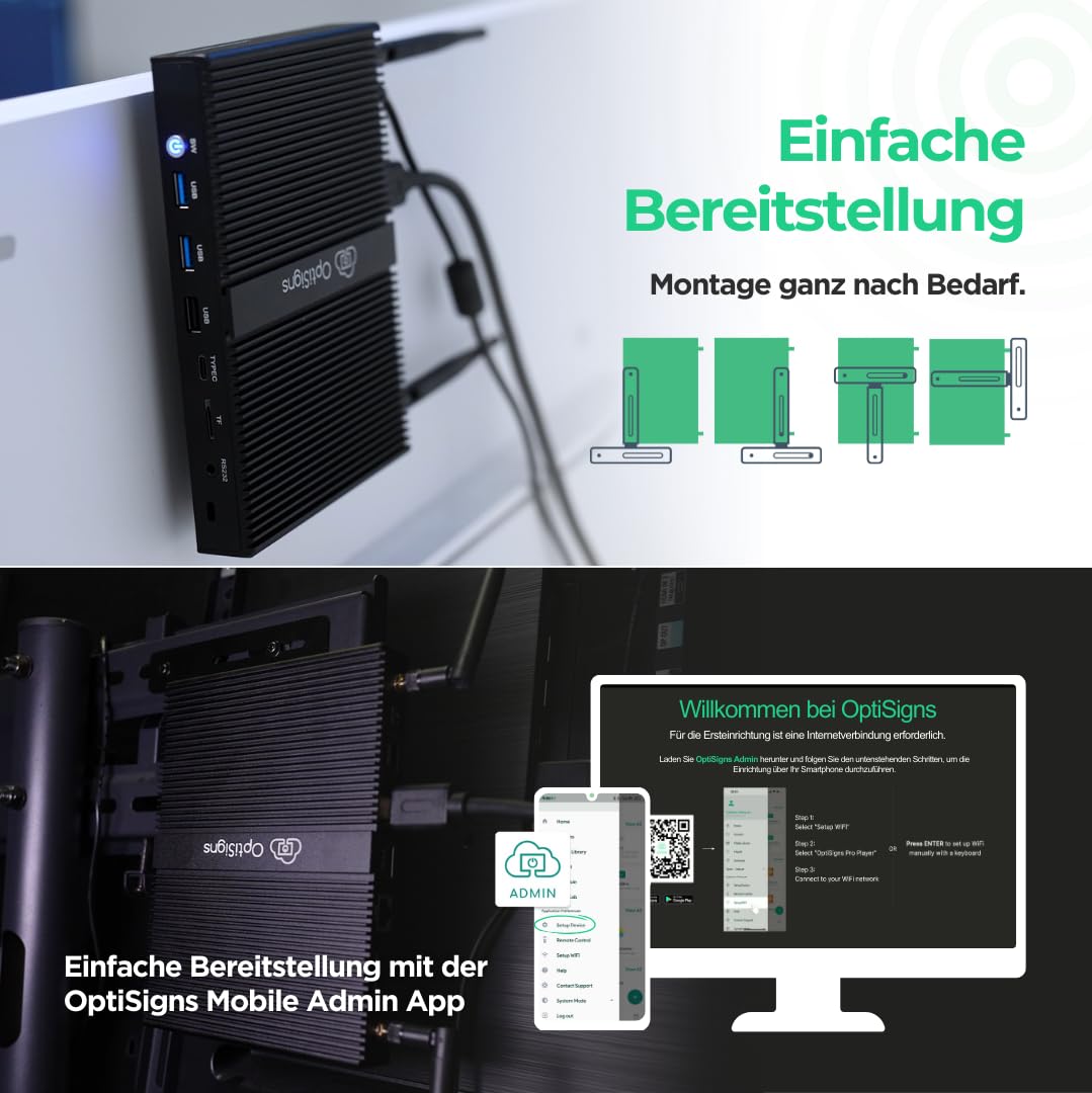 OptiSigns Pro Digital Signage Player mit Intel Pentium Quad-Core, 4 GB RAM, 128 GB SSD, Wi-Fi 6, HDMI-CEC, 4K Ultra HD