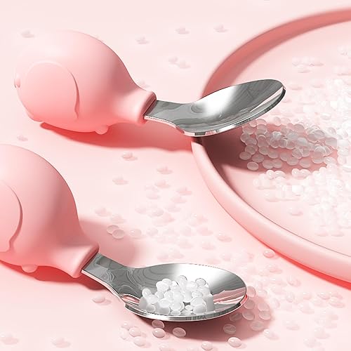 Miniatura 5 de Deejoy Utensilios para niños pequeños - Cucharas y tenedores de acero inoxidable, juego de cubiertos para niños con estuche de viaje (Rosa)