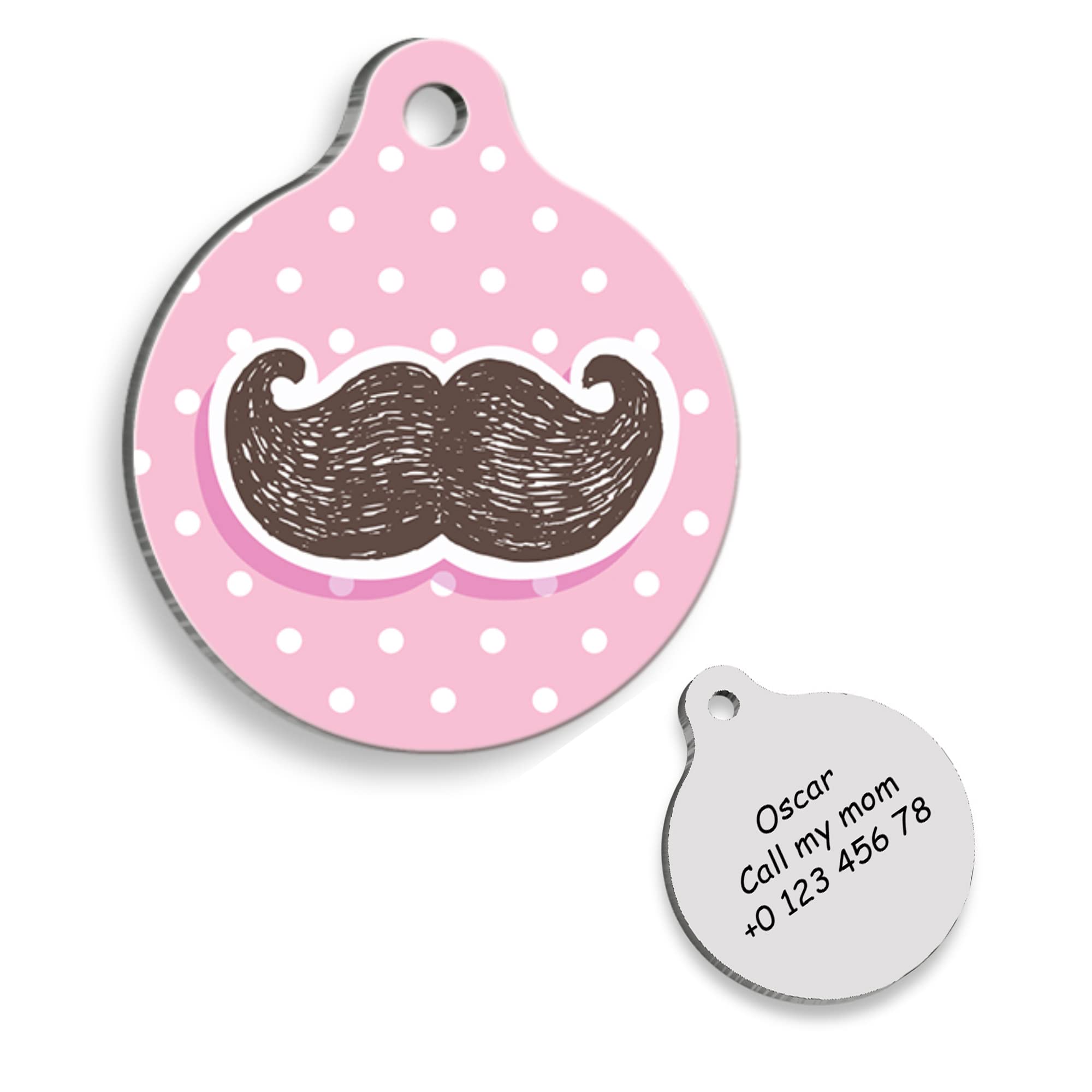 Pink Moustache Personalized Dog Tag - Custom Name Tag - ID Tag for Dog & Cat - Customized Pet Tags - Dog & Cat Name id Tag - Dog Name Tag - Engraved Dog Tag