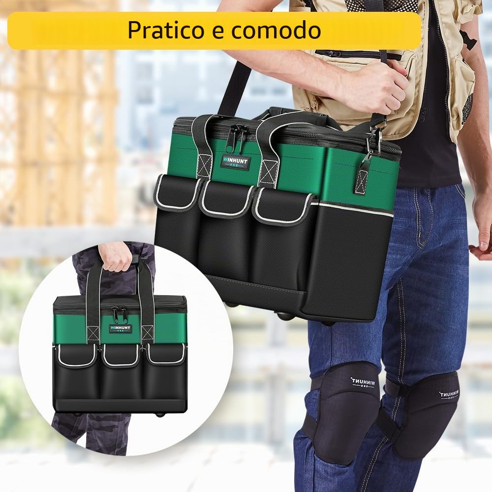 WINHUNT Borsa Porta Attrezzi, Ampia Apertura Superiore, Base Robusta, Verde e Nero (Green, 14inch/13.8cm)