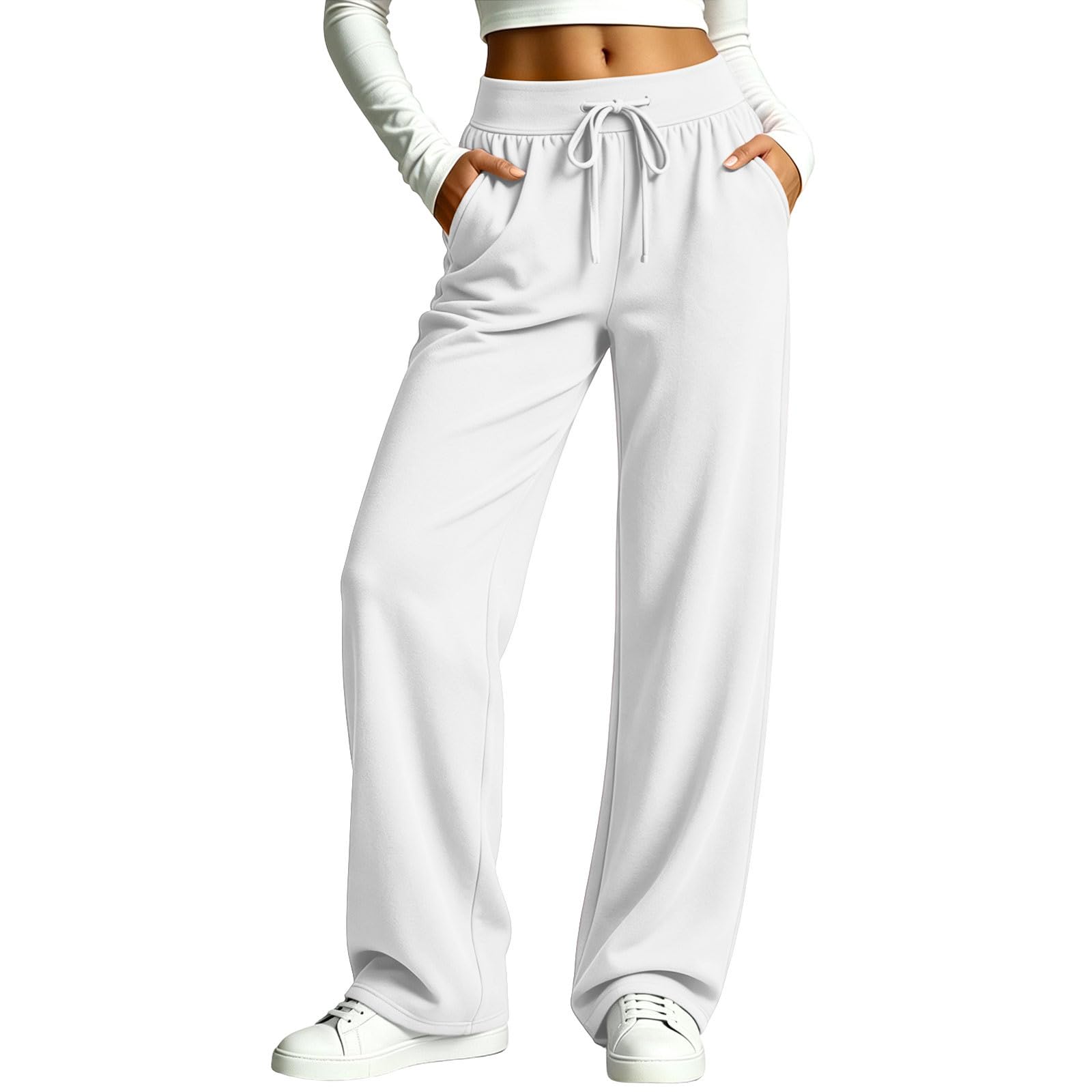 Generico Pantaloni Sportivi Donna Pantloni Cotone con Elastico in Vita Morbidi Pantaloni da Corsa con Tasche a Gamba Dritta Pant Baggy Tinta Unita Pantalone Larghi a Vita Alta per Yoga e Fitness