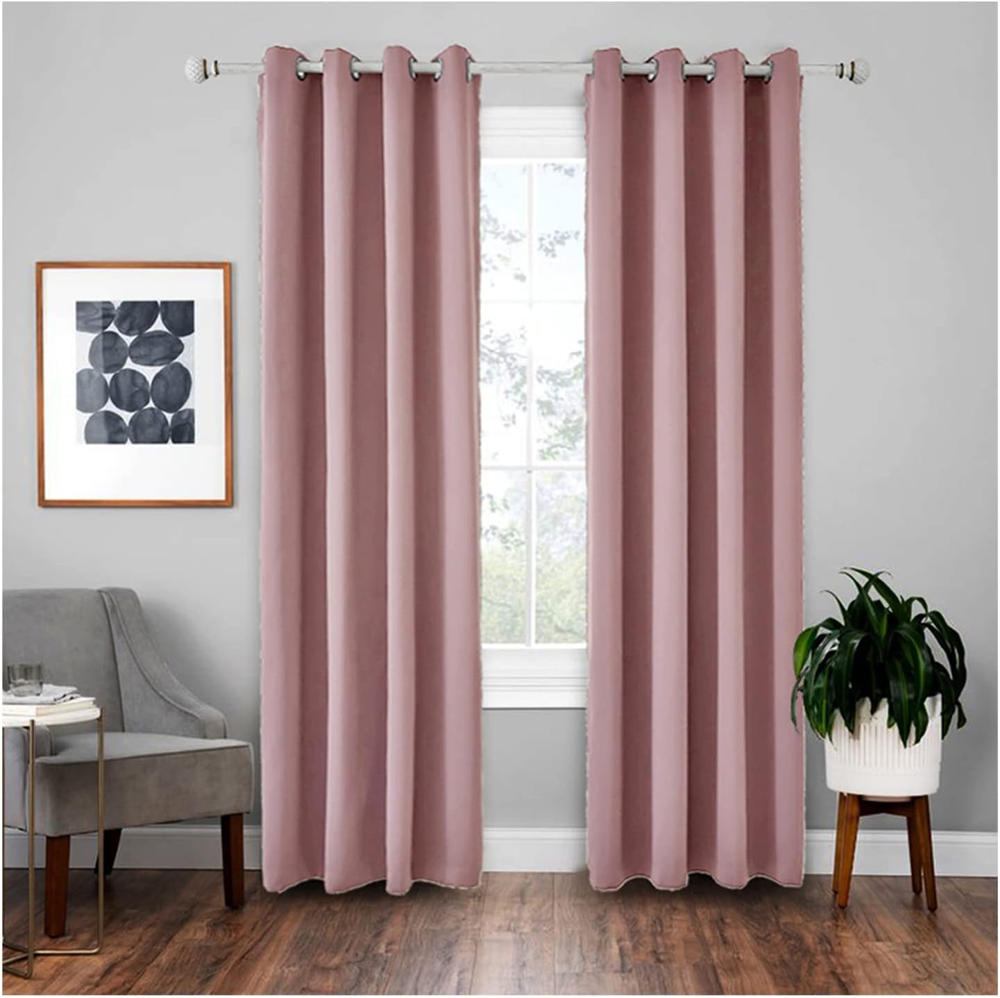 Epinki Drapes for Bedroom Blackout 2 Panel, Polyester Pink Solid Color Grommet Curtain Living Room 55 x 69 Inch