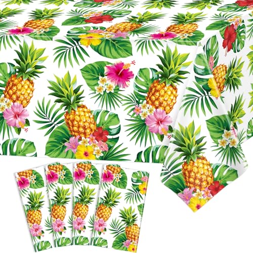 HCJDI 4 Pack Hawaiian Luau Tablecloth Tropical Table Cover Palm Leaves Party Table Cloth Waterproof Rectangular Decoration for Aloha Summer Beach Pool Birthday Party Supplies 51 x 86 in
