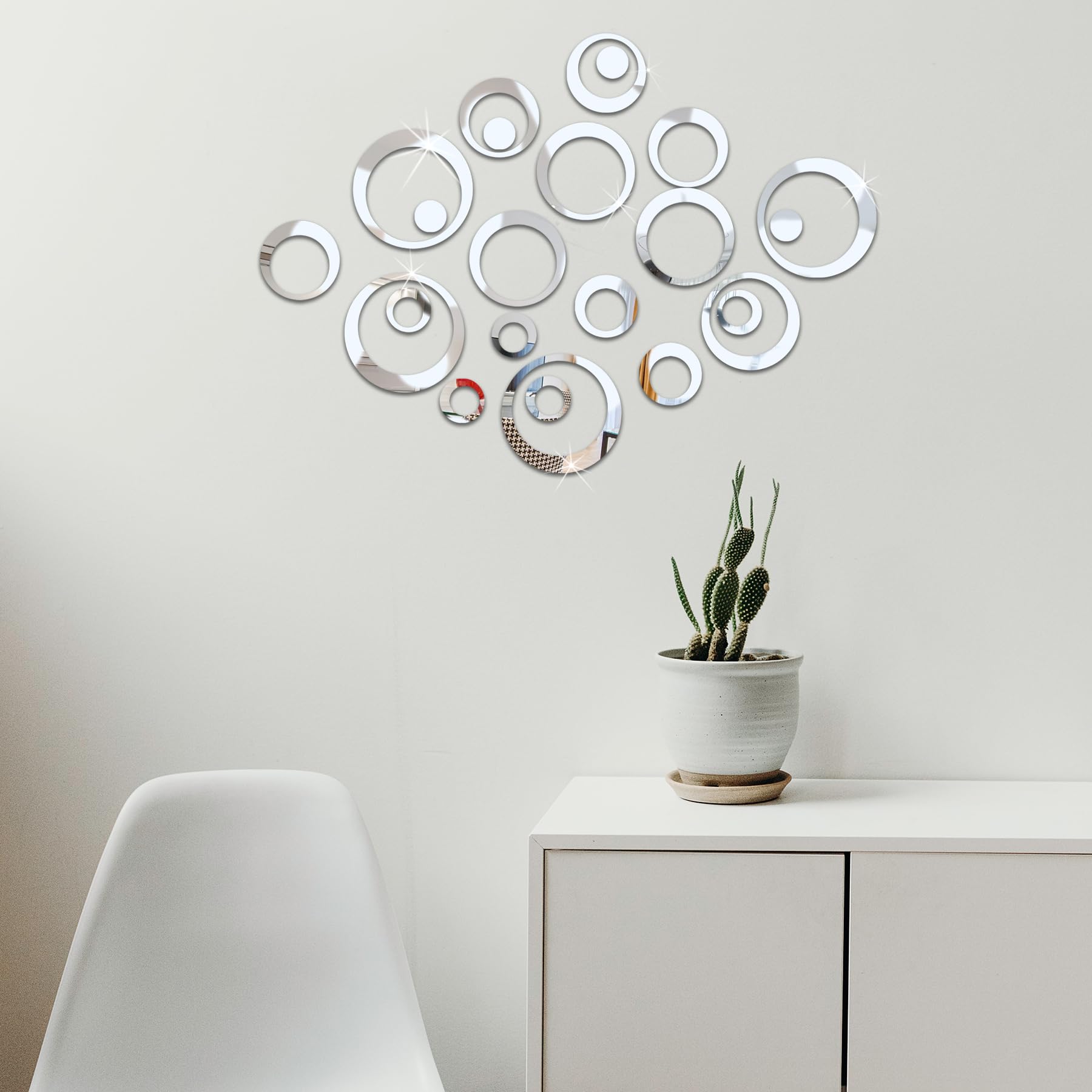 Adesivi Murali Specchio Acrilico 3D – 24 Pezzi Cerchi Decorativi da Parete Argento, Adesivi Murali Rotondi DIY per Camera da Letto, Soggiorno, Bagno e Decorazione Casa - 4