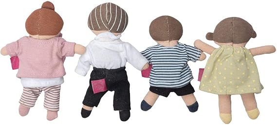 Tikiri Tiny Doll Family - 4 Piece Mini Fabric Doll Set for Dollhouse and Baby Toy