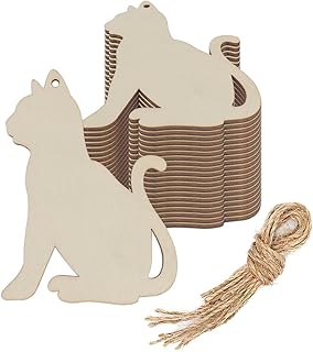 Creaides 20pcs Cat Wood DIY Crafts Cutouts Blank Wooden Cat Shaped Hanging Ornaments with Jute Twines Wood Tags for Baby Shower Wedding Birthday Party Decorations