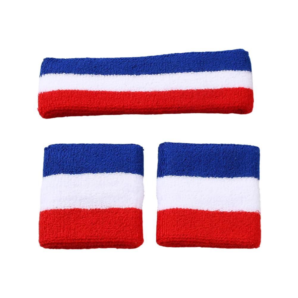 BEAMARKER Striped Sweatbands Set 1 Headband and 2 Wristbands Wicking Sweat Absorbing Elastic Cotton for Sports Basketball Tennis Yoga Gym Breathable Athletic Gear for Men Women Red White Blue