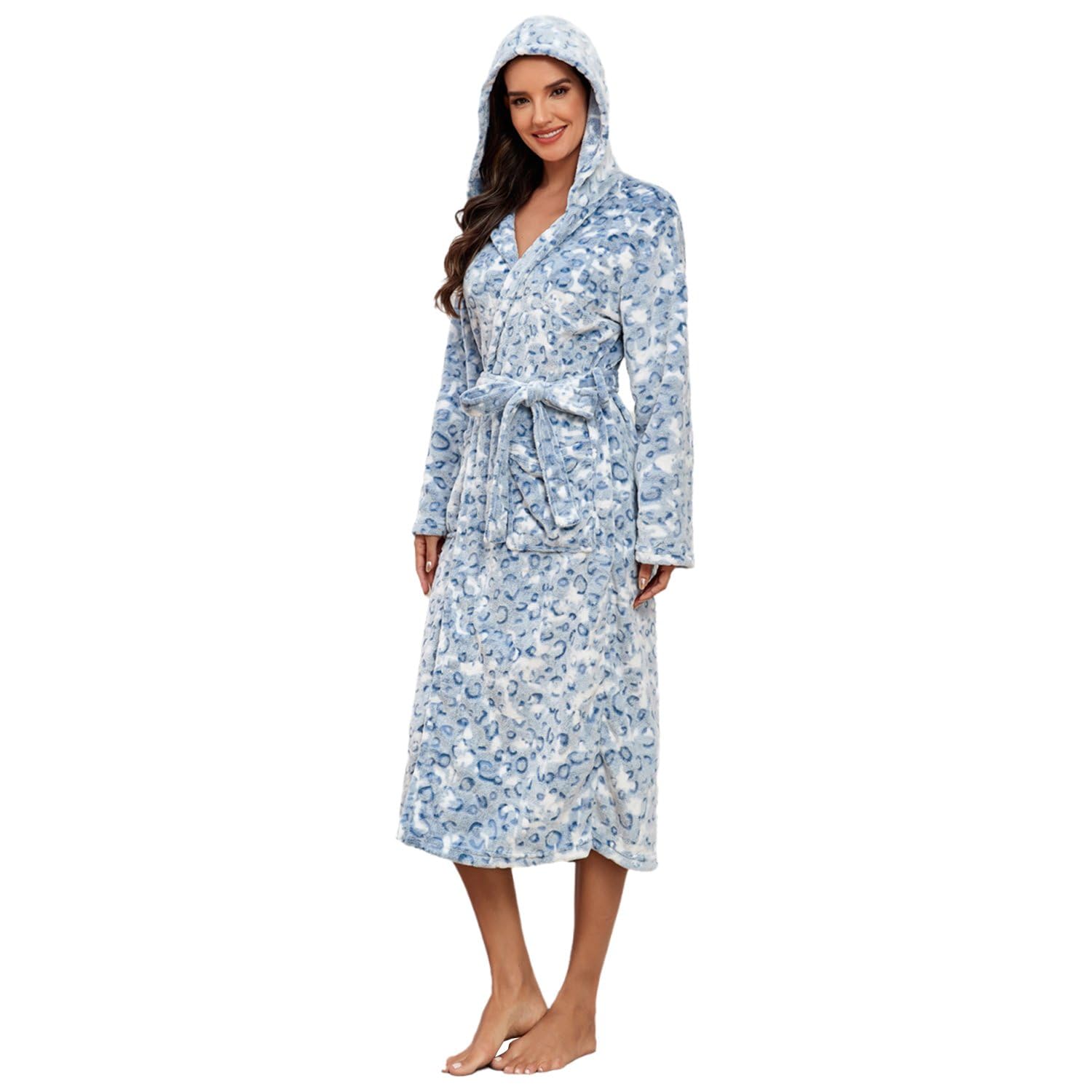 RONGTAI Women's Plus Size Fleece Robe Soft Thermal Bathrobe with Pockets and Belt,Solid Color Hooded Collar Robe(Blue Leopard,2X)