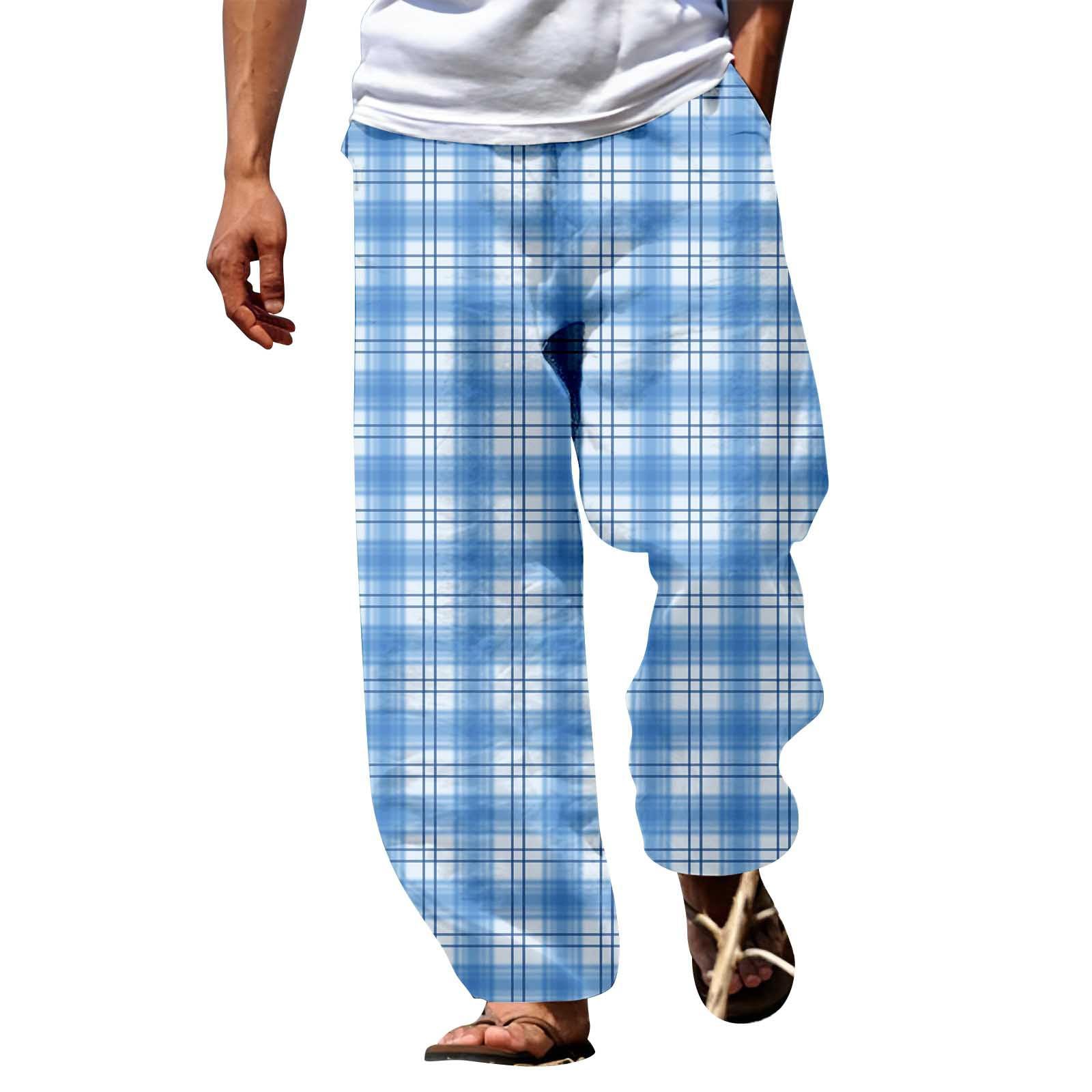 Bukknye Men's D-Sky Blue Patchwork Peace Elastic Waist Hippie Gypsy Trousers