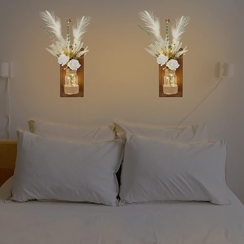Miniatura 5 de Anna's Whimsy Paquete de 2 apliques de decoración de pared rústica con control remoto LED, flores artificiales, decoraciones de primavera para el