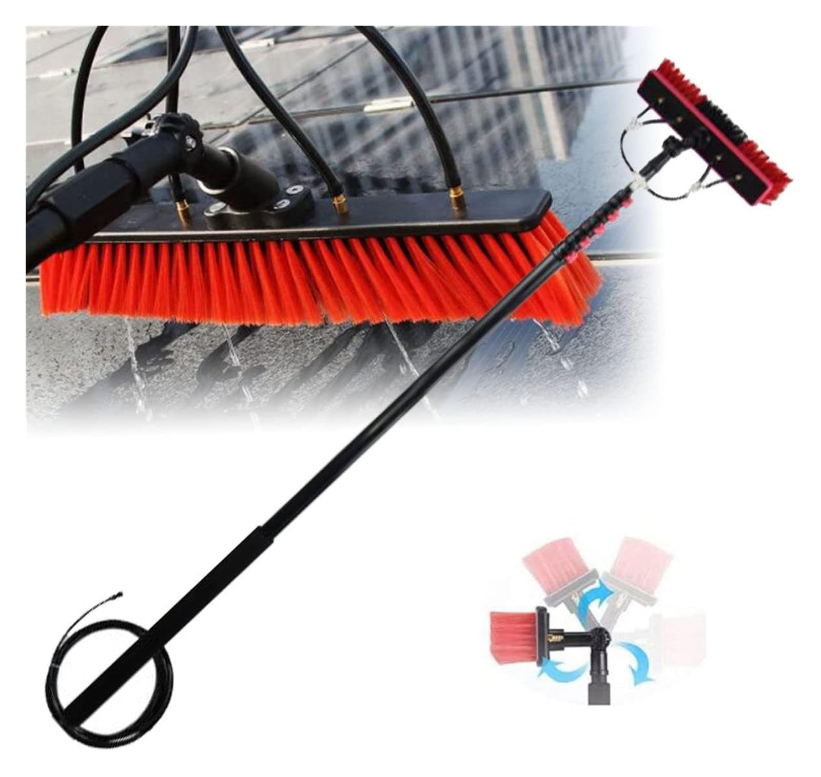Kit de pértiga de 7,3 m (24 pies) con Suministro de Agua para Limpieza de Ventanas, Cepillo Giratorio de 180°, Lavadora telescópica para Exteriores de vidrios y Paneles solares, Equipo de li