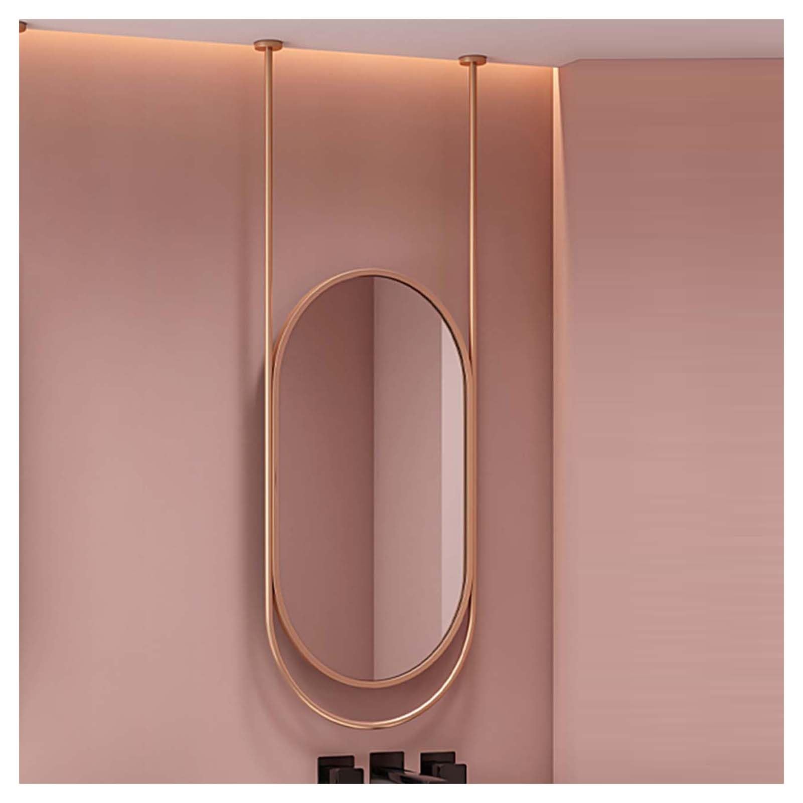 GLJTUO Bathroom Mirror, Metal Frame Hanging Rod Mirror Oval Large Wall Mirror,Rose Gold-50x80cm
