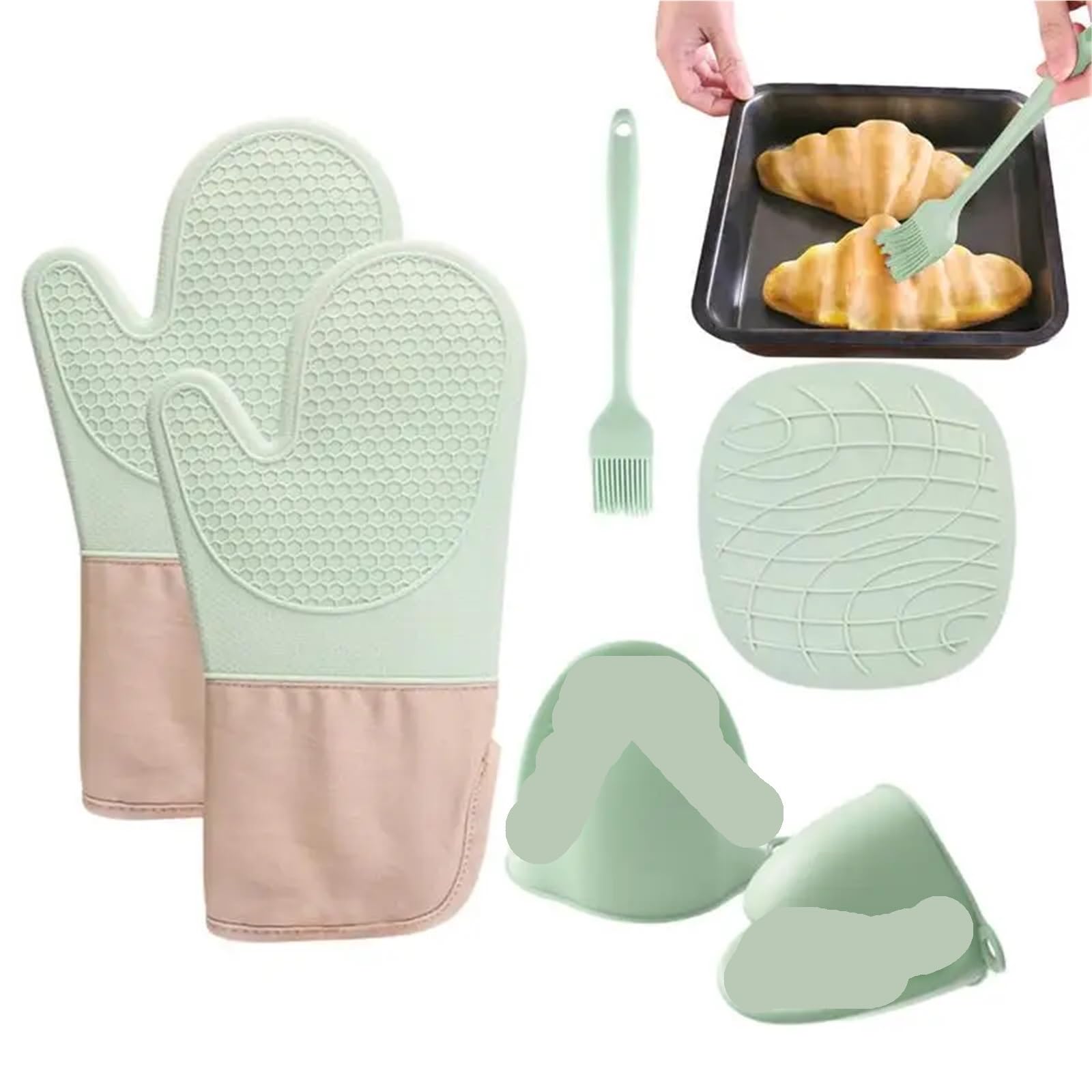 Mikrowellenhandschuhe, wärmeisolierende Silikon-Backhandschuhe, Ofenhandschuh, Topflappen, rutschfeste Grillunterlage(Green)