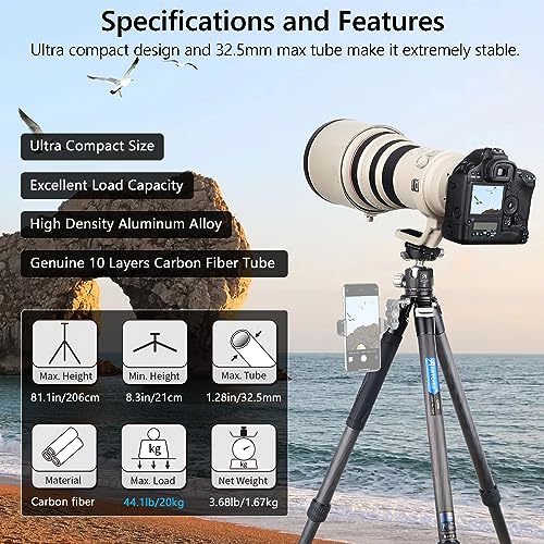 Professional Carbon Fiber Tripod with 44mm Ball Head for DSLR & Video Cam, 10-Layer Tube, 32.5mm Legs, Max Load 44lb