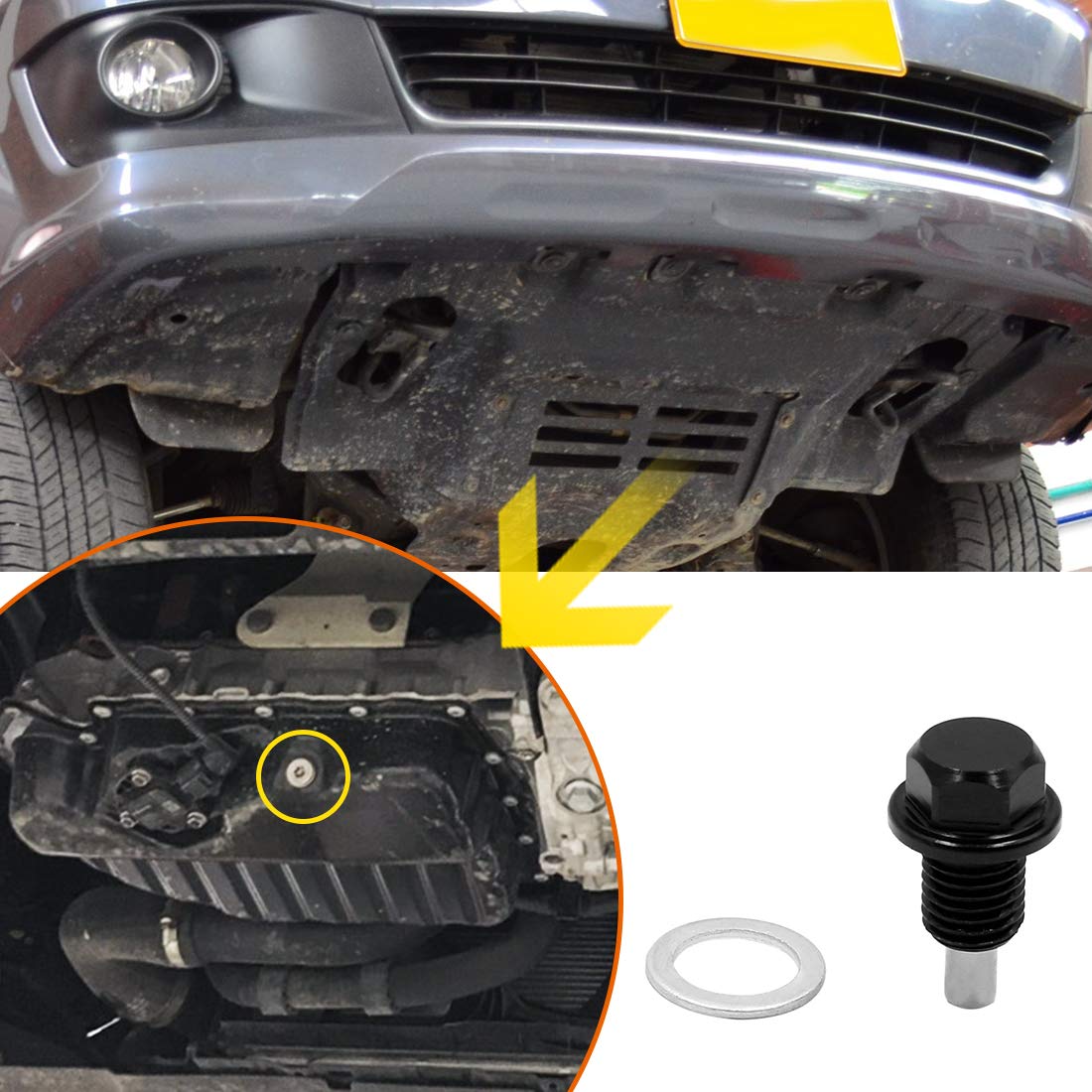 sourcing map M12x1.5 Negro Tornillo Magnéctico para Drenaje de Carter de Aceite con Arandela para Motor de Coche