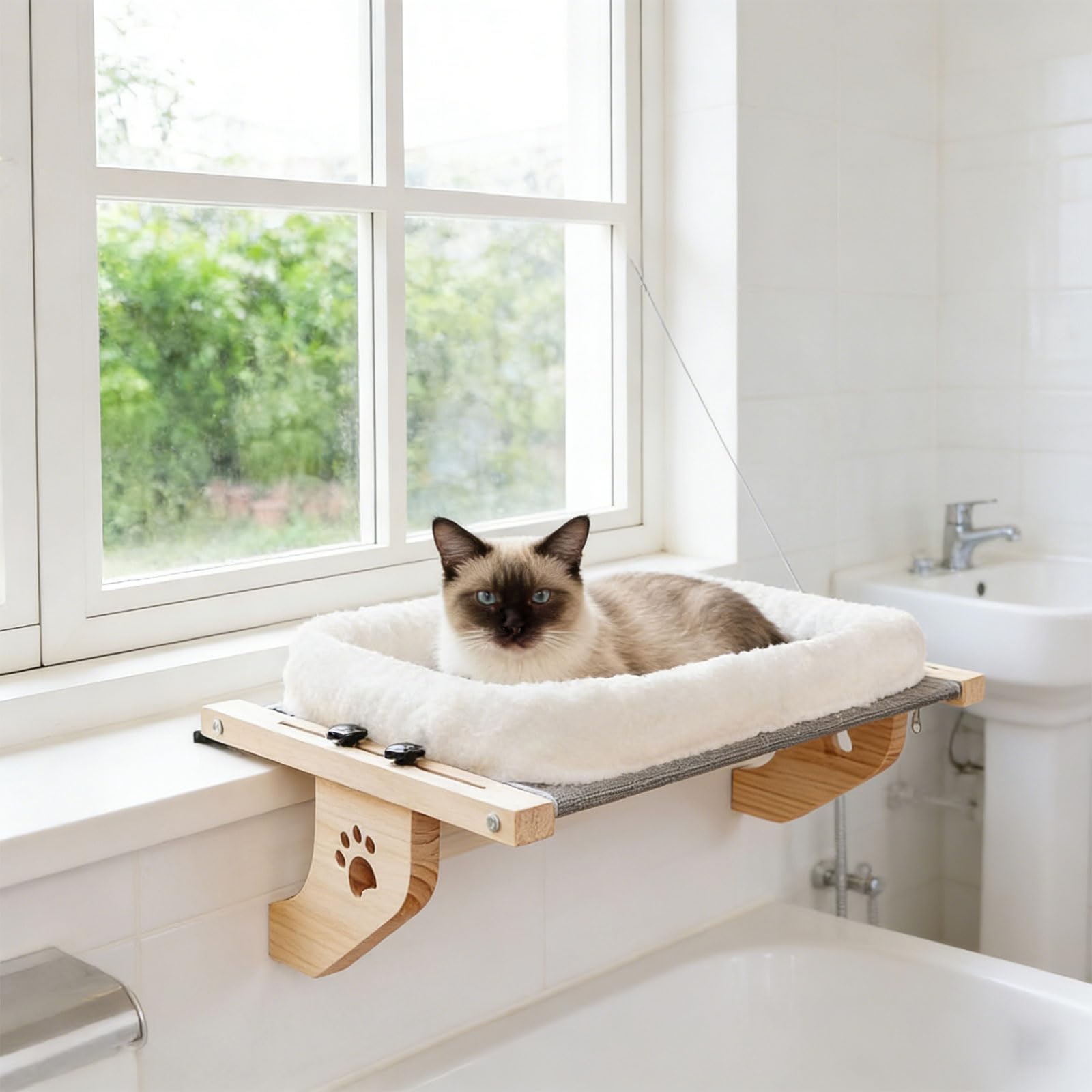 Amaca per Gatti con Struttura in Legno e Metallo, Calda, Copertura Rimovibile, Finestra, Letto sospeso, Lavabile, per Comfort degli Animali Domestici, Lettino salvaspazio