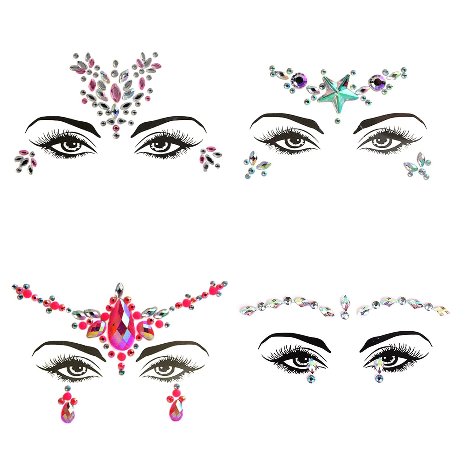 MAKINGTEC 4 Pcs Women Face Gem Crystal Face Glitter Rhinestone Bindi Temporary Tattoo Festival Accessories for Festival Party