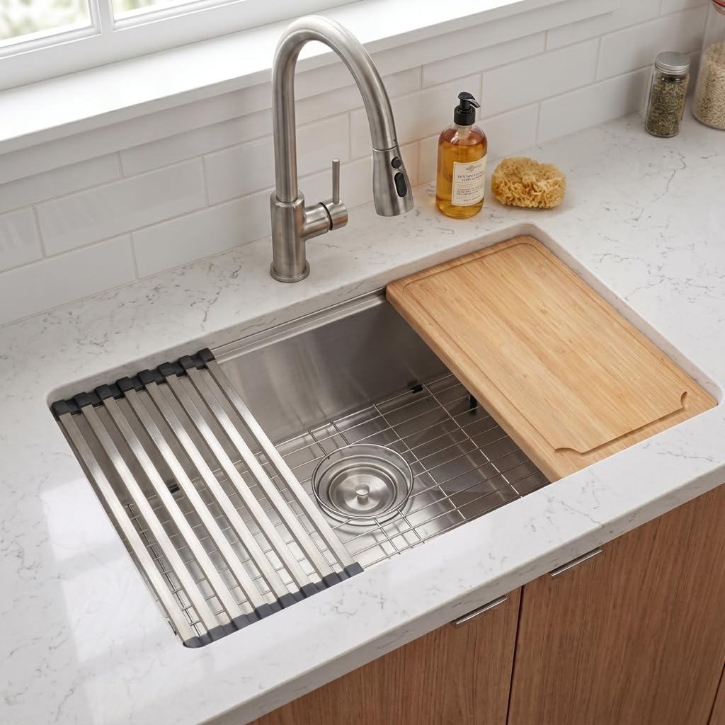Évier de cuisine encastrable fait main cuve de 25,4 cm de profondeur en inox