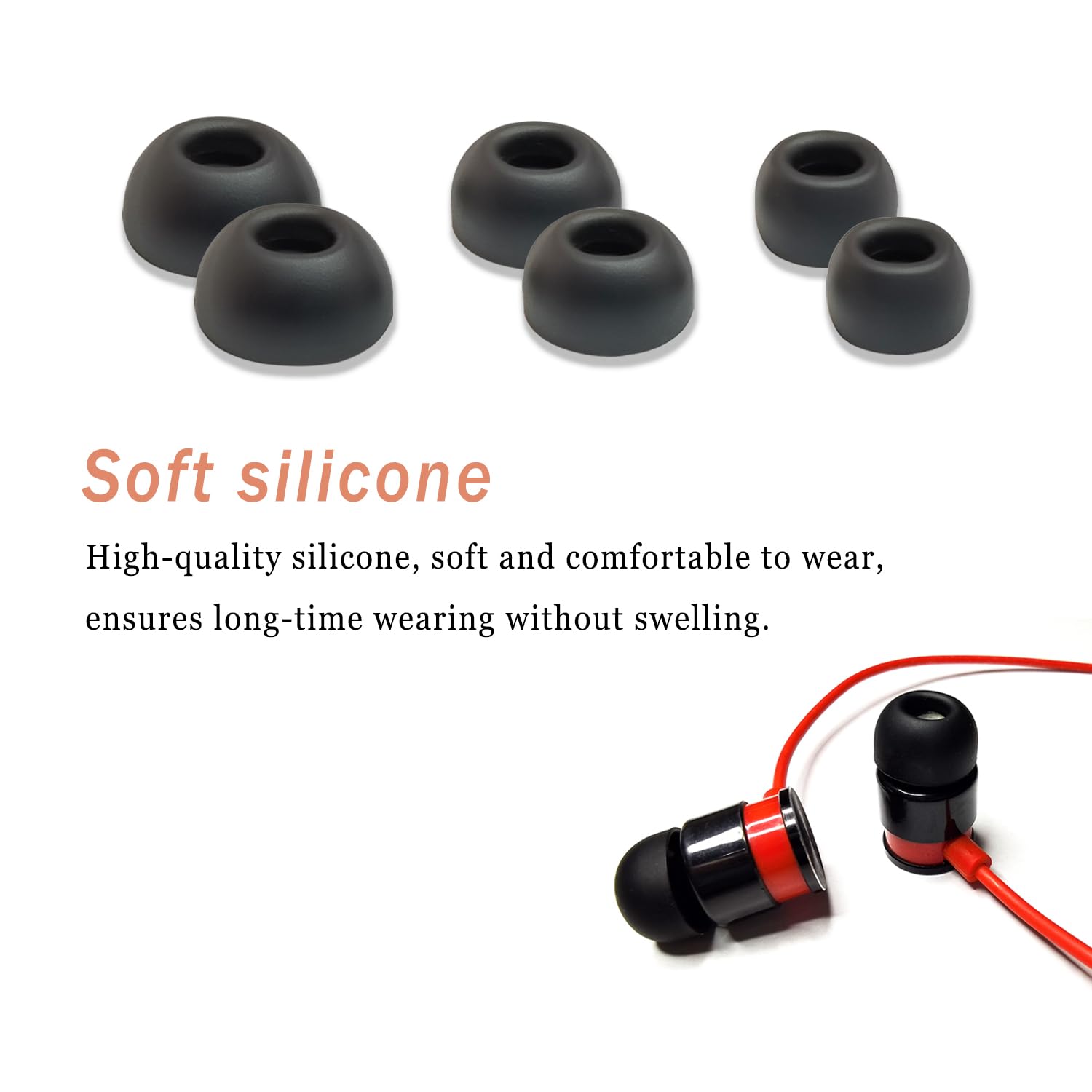 Lot de 6 paires d'embouts ovales en silicone pour écouteurs sans fil - Diamètre intérieur : 4 mm - Noir