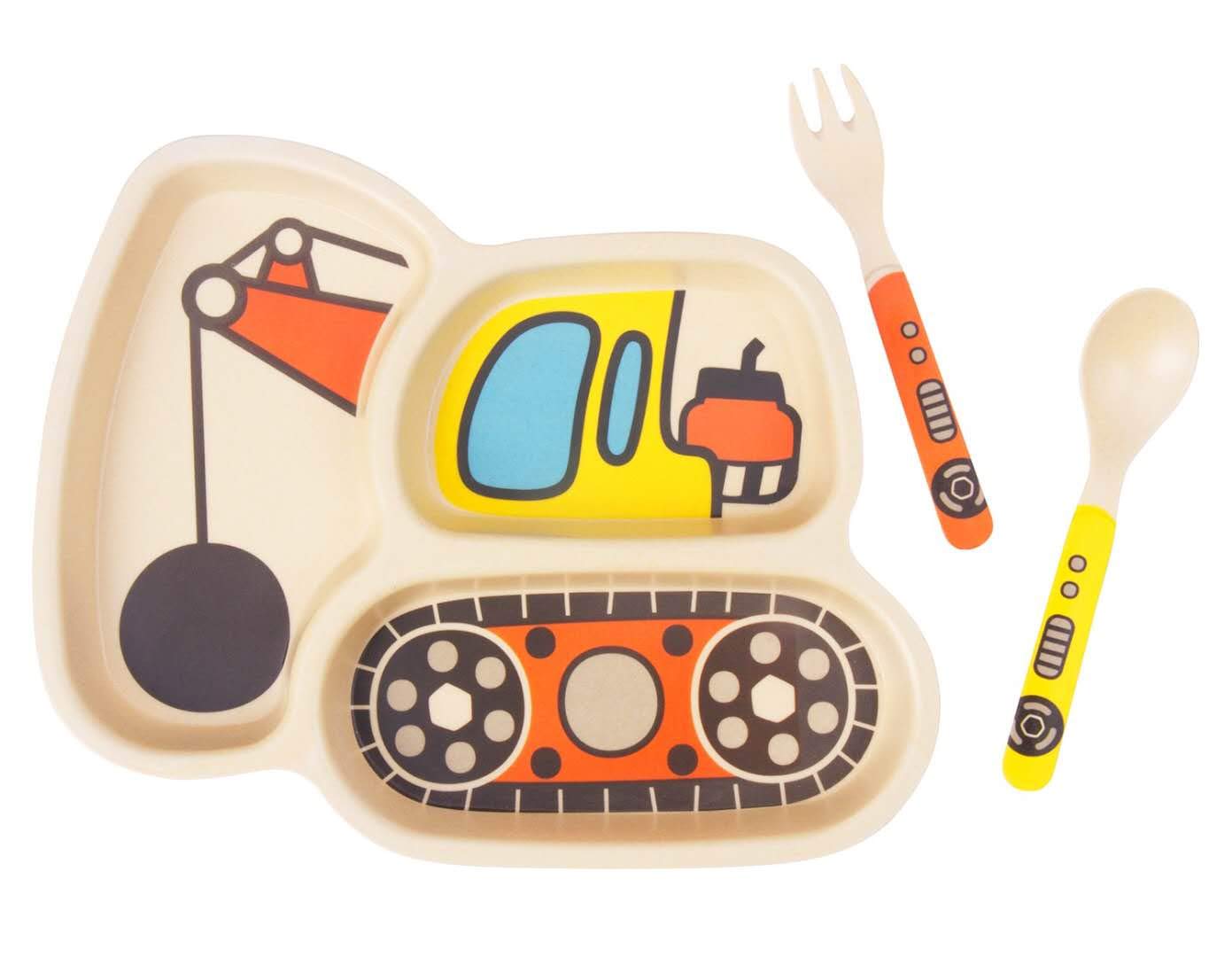 Kid Plate Set Bamboo Toddler Plates Dinnerware Dinner Dish Set Baby Feeding Spill Proof Divided Plate - Baby Spoon and fork 3-Piece Set for Kids and Toddlers Teaches Child Portion Control