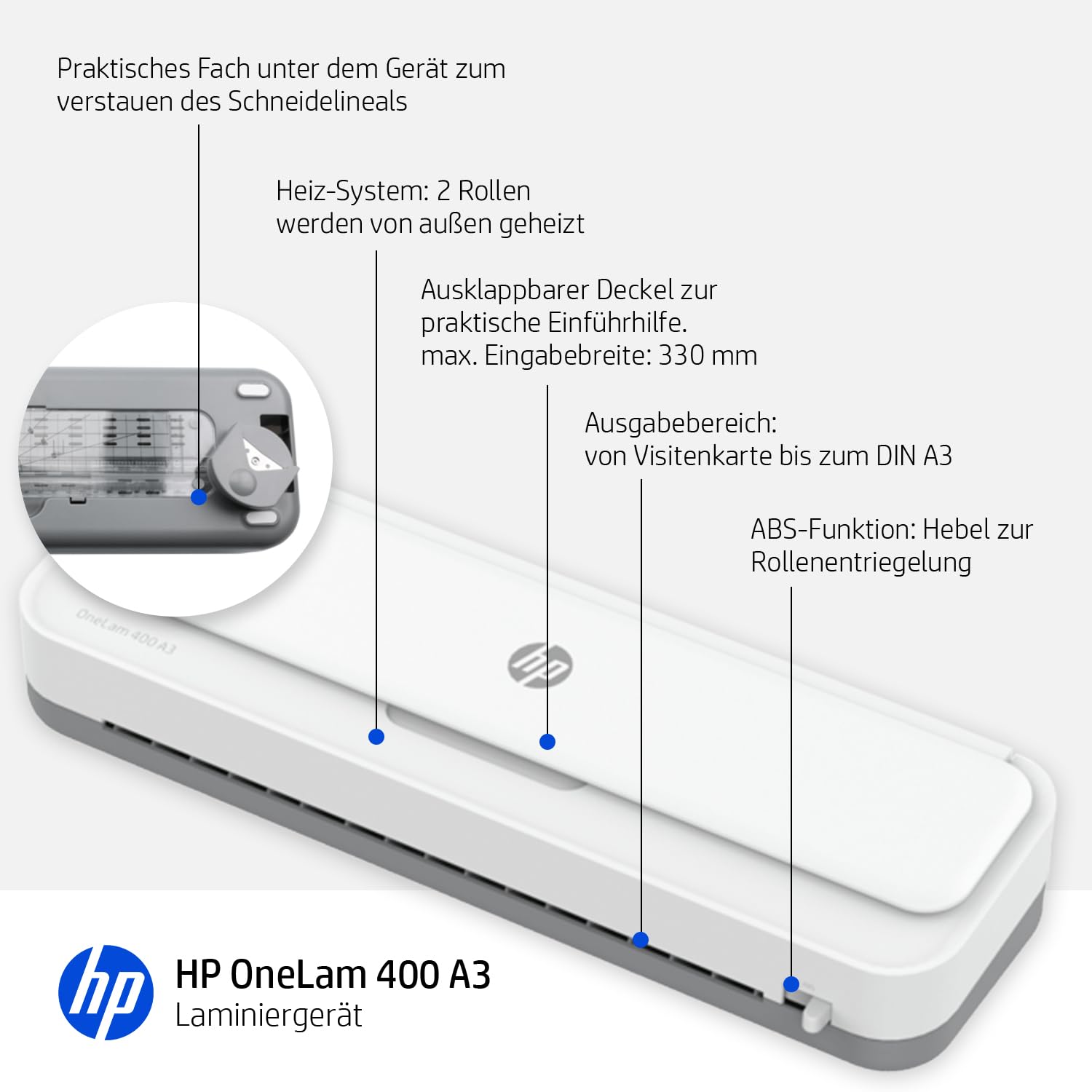 HP OneLam 400 A3, Laminiergerät, 75/80-125 Micron, 400 mm pro Minute, inklusive Zubehör