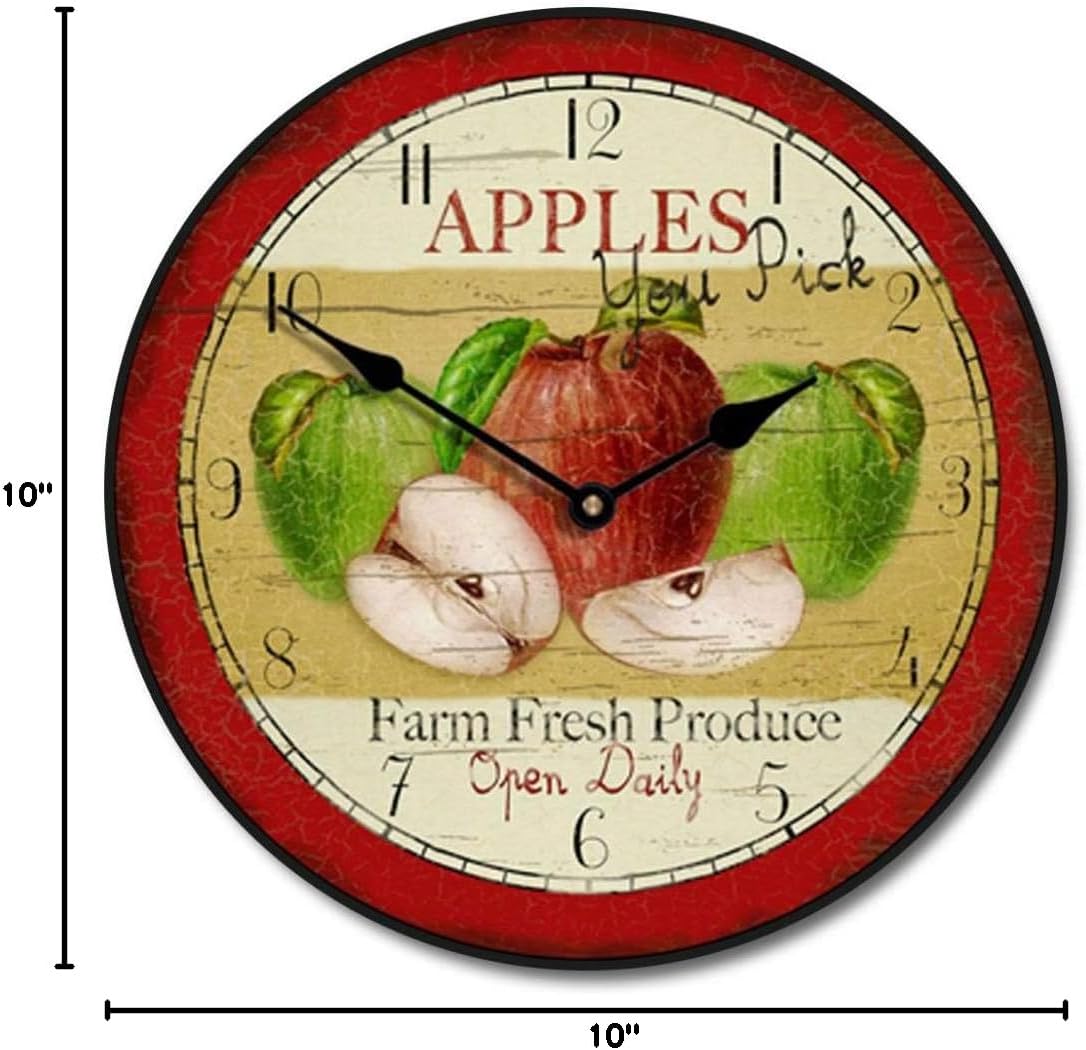 Vintage Apple Wall Clock | Ultra Quiet Quartz Mechanism | Hand Made in USA Beautiful Crisp Lasting Color | Comes in 8 Sizes | 10-Inch