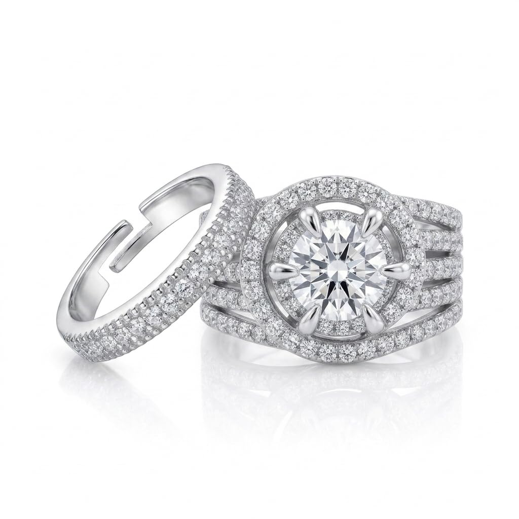 Set of 2 Silver-Plated Adjustable Rings for Women | Sparkling Cubic Zirconia Solitaire and Statement Finger Rings | American Diamond Fashion Jewelry-image-25