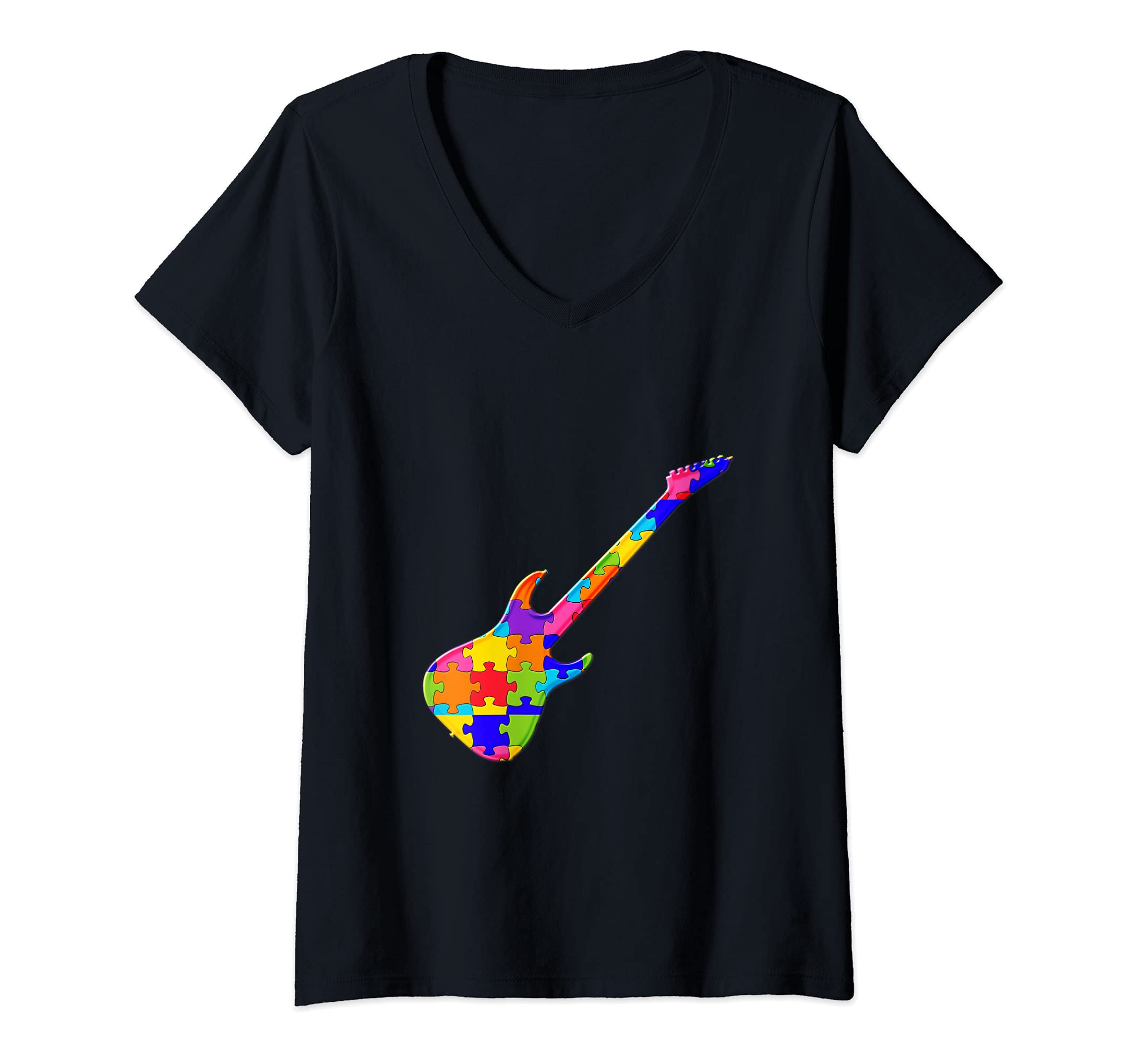 Womens Guitar Ukulele Musical tool Jigsaw Autism Puzzle V-Neck T-Shirt, Black