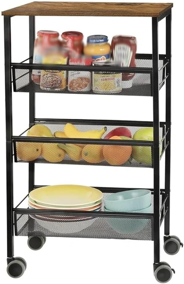 Kitchen Storage Rolling Cart, 4-Tier Island on Wheels with Wooden Shelves, Lockable Utility with