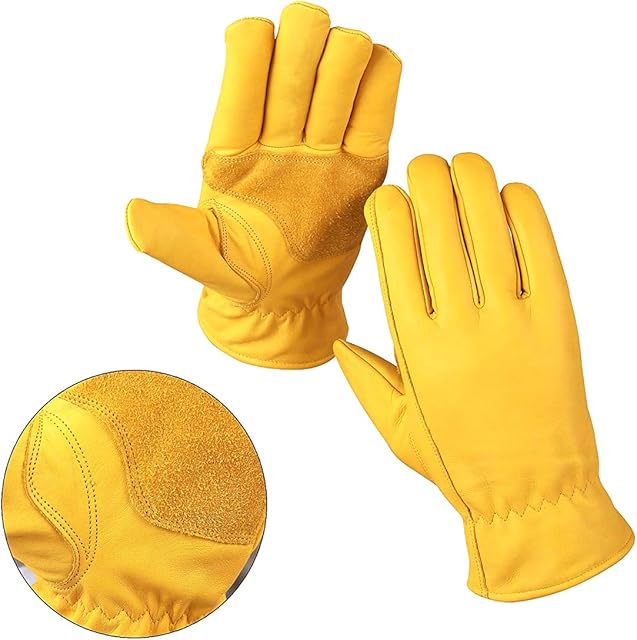 Work Gloves Cow Grain Premium Leather Yellow Work Driver Gloves With Elastic Wrist Closure And Inside Fleece Lining General Purpose Utility, Driver, Rigger, Safety, and Gardening Gloves (9(MEDIUM))