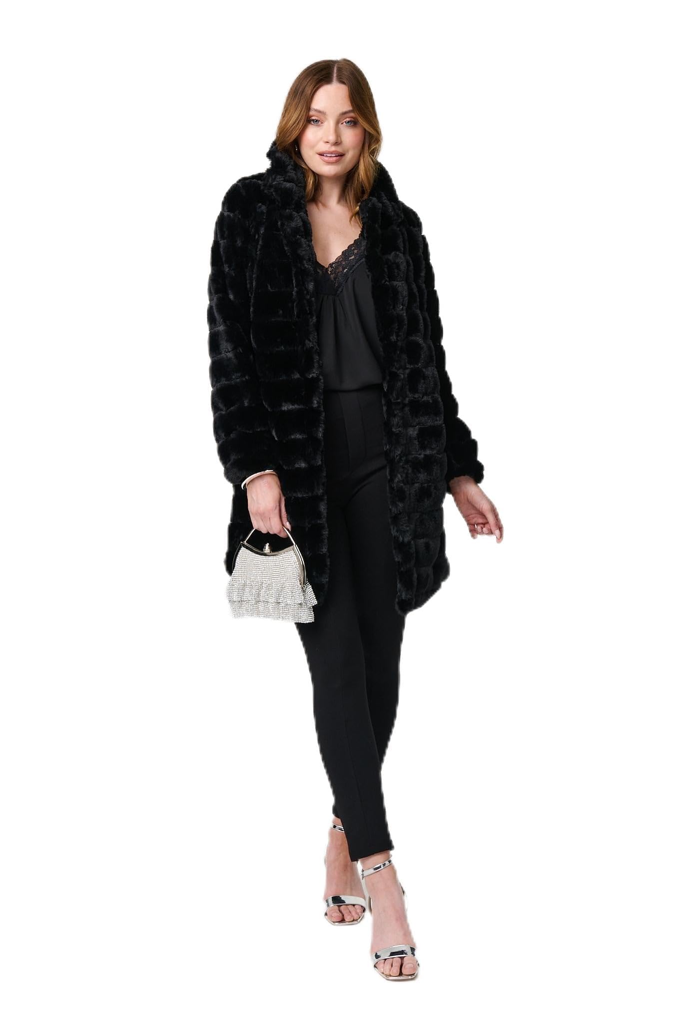 Izabel London Women's Black Faux Fur Thigh Length Coat In | : Size 12