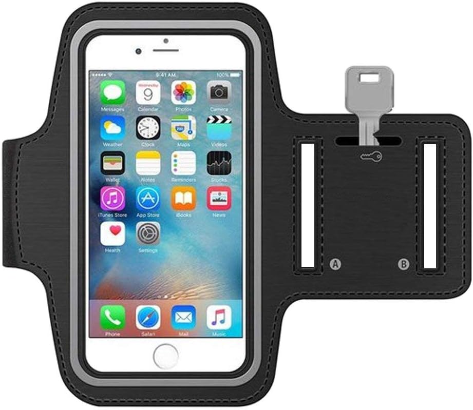 MMOBIEL Stretchable Running Armband for iPhone 17/16/15/14/13/12/11/XR up to 7.1" - Key Holder, Reflective Strip, Touch Sensitive Cover - Black
