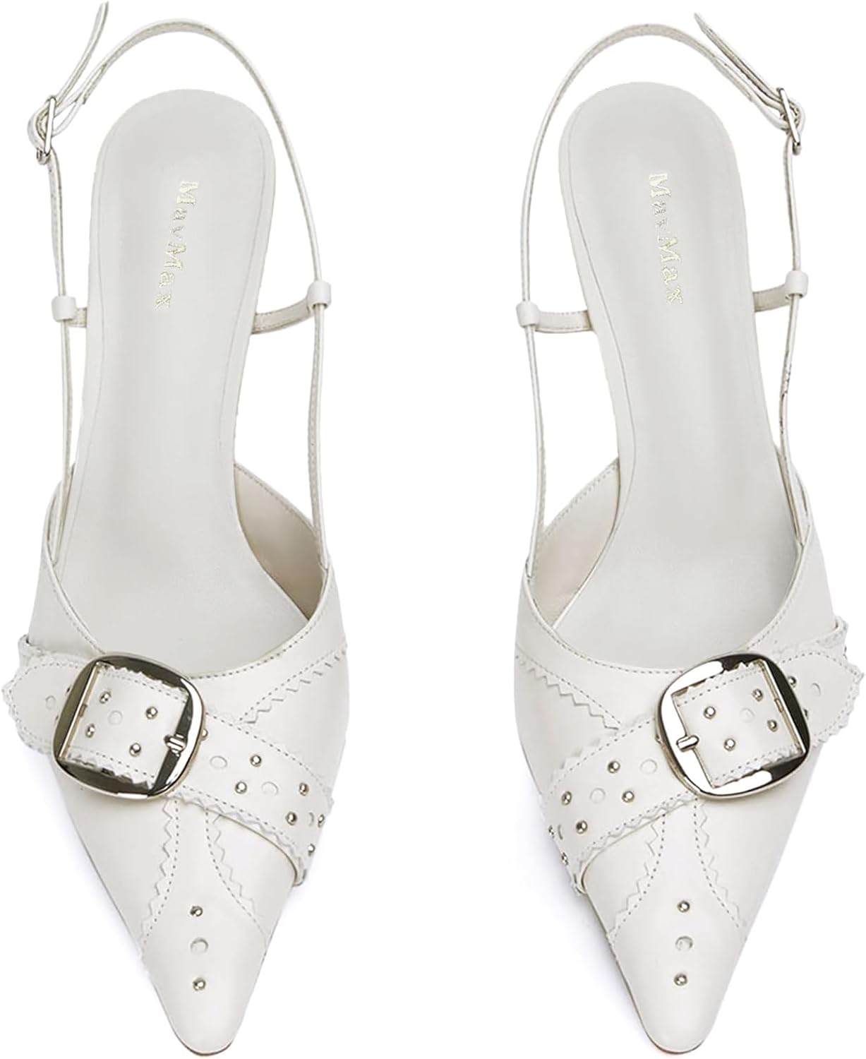MAVMAX White Buckle Slingback Heels for Women Studded Pointed Toe Pumps Ankle Strap Kitten Heels Stiletto Backless Heeled Sandals Wedding Party Dress Shoes - Image 3