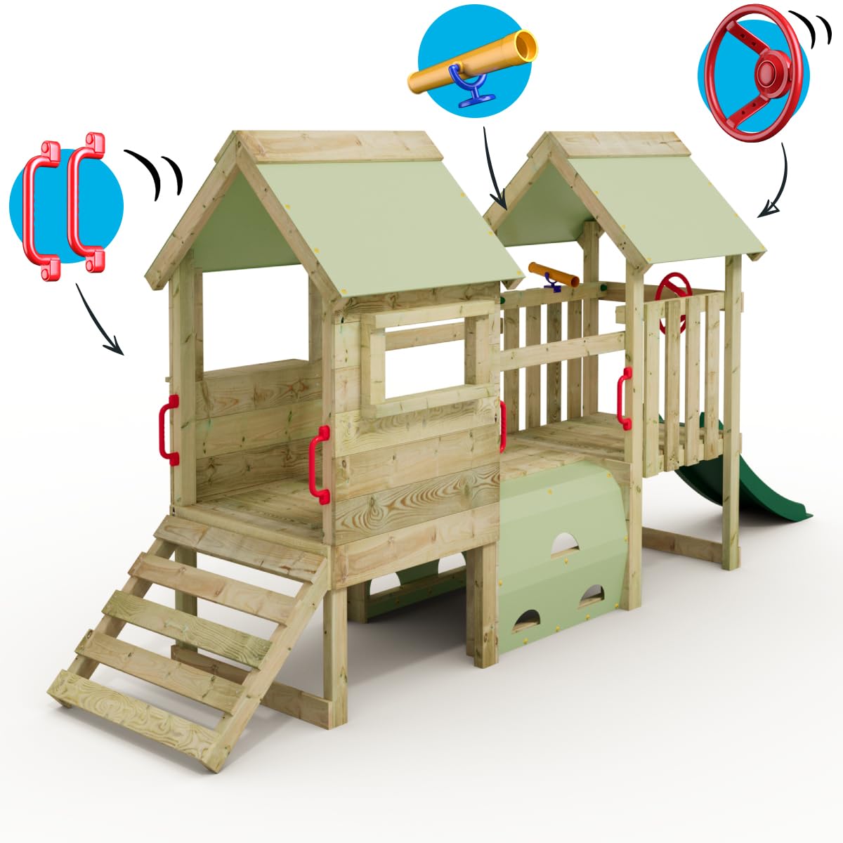 Wickey My First Playground, 2 juegos infantiles para escalar, equipo de juego de jardín para niños de madera maciza impregnada con tobogán verde y lona verde