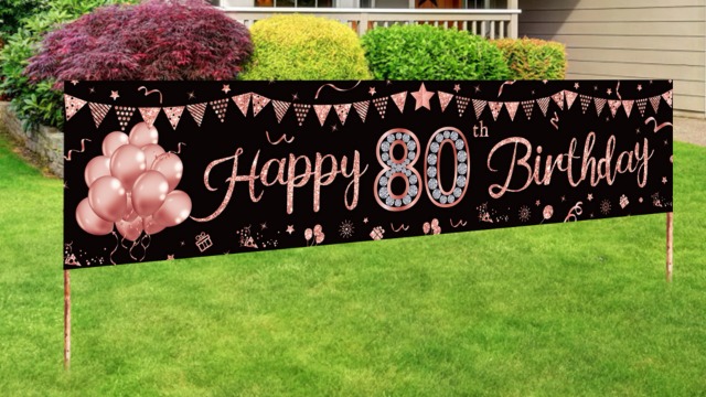 Rose Gold & Black 80th Birthday Decorations - Yard Banner & 18 Balloons Party Set