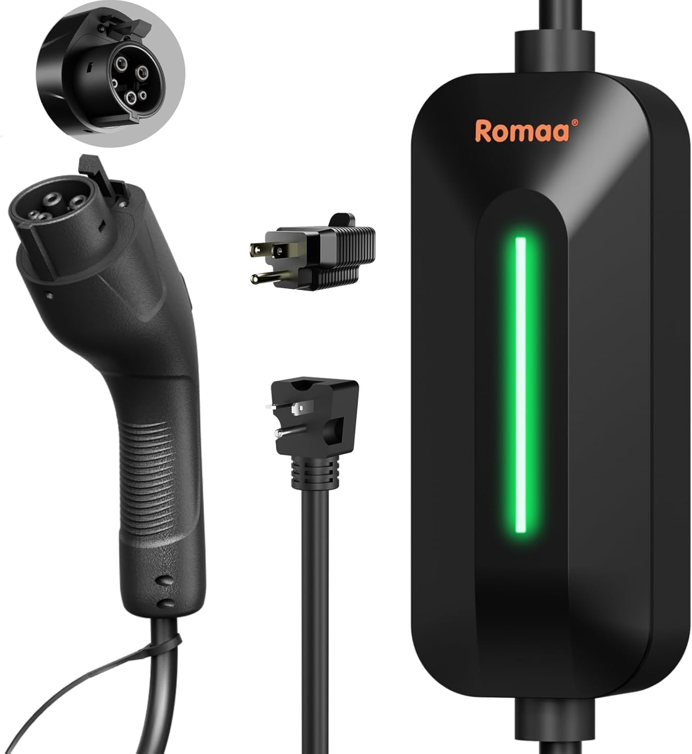 Romaa Portable EV Charger Level 1 and 2, 16A 3.8 kW J1772 Plug in Charger, 110V–240V, NEMA 6-20, 25ft Charging Cord, PHEV Charging Cable for Home and Travel, Electric Car Charger, ETL & FCC Certified