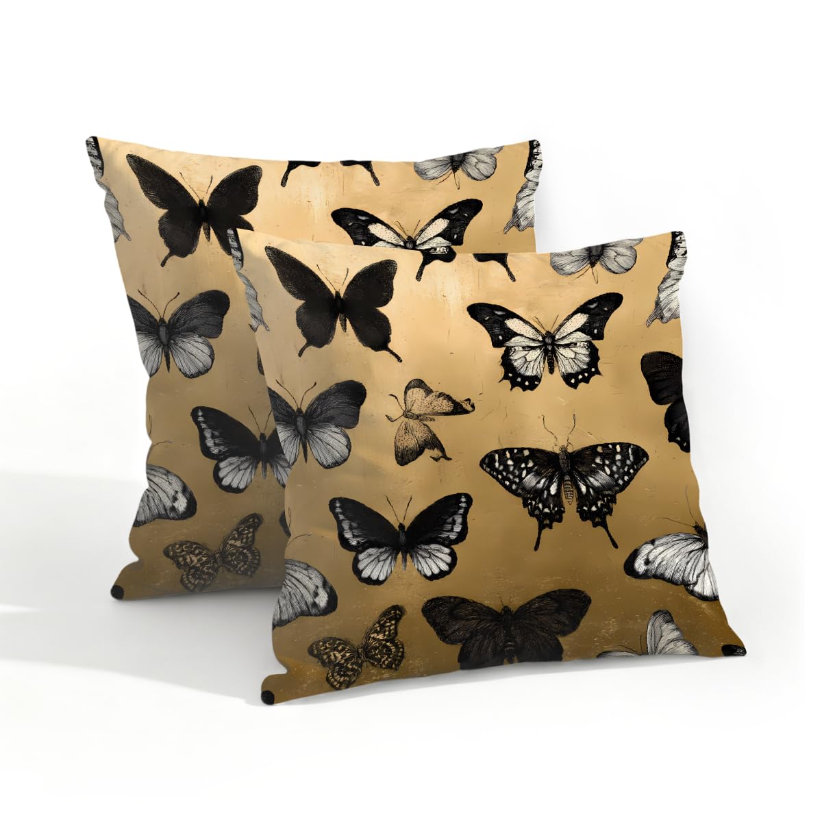 Outdoor Pillow Covers Waterproof Pillowcases 18x18in Set of 2 Black Butterfly On Viintage Decorative Throw Cushion Case for Couch Sofa Garden Patio Furniture