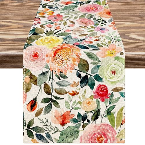 Floral Table Runner Watercolor Rose Flower Kitchen...