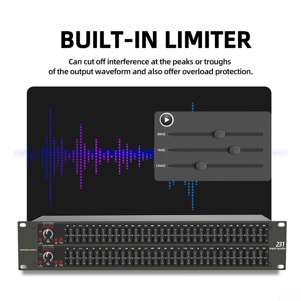 Equalizzatore grafico a 31 bande per audio domestico e applicazioni DJ professionali, doppio canale, regolazione ± 12 dB per band, interruttore low-cut, connettori XLR e TRS, 480 mm