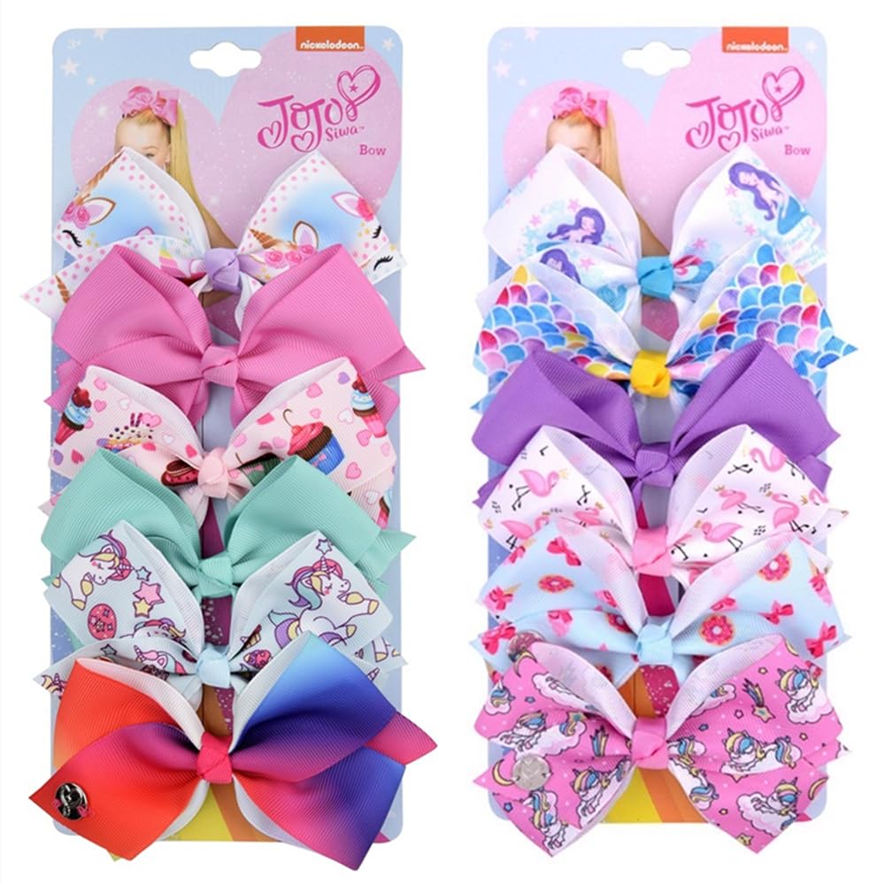 JoJo Siwa Bows 12 days Jojo Bow 8 cm with Unicorn and Rainbow pattern - Beautiful Hair Accessories - Best Xmas Present Stocking Filler for Girls