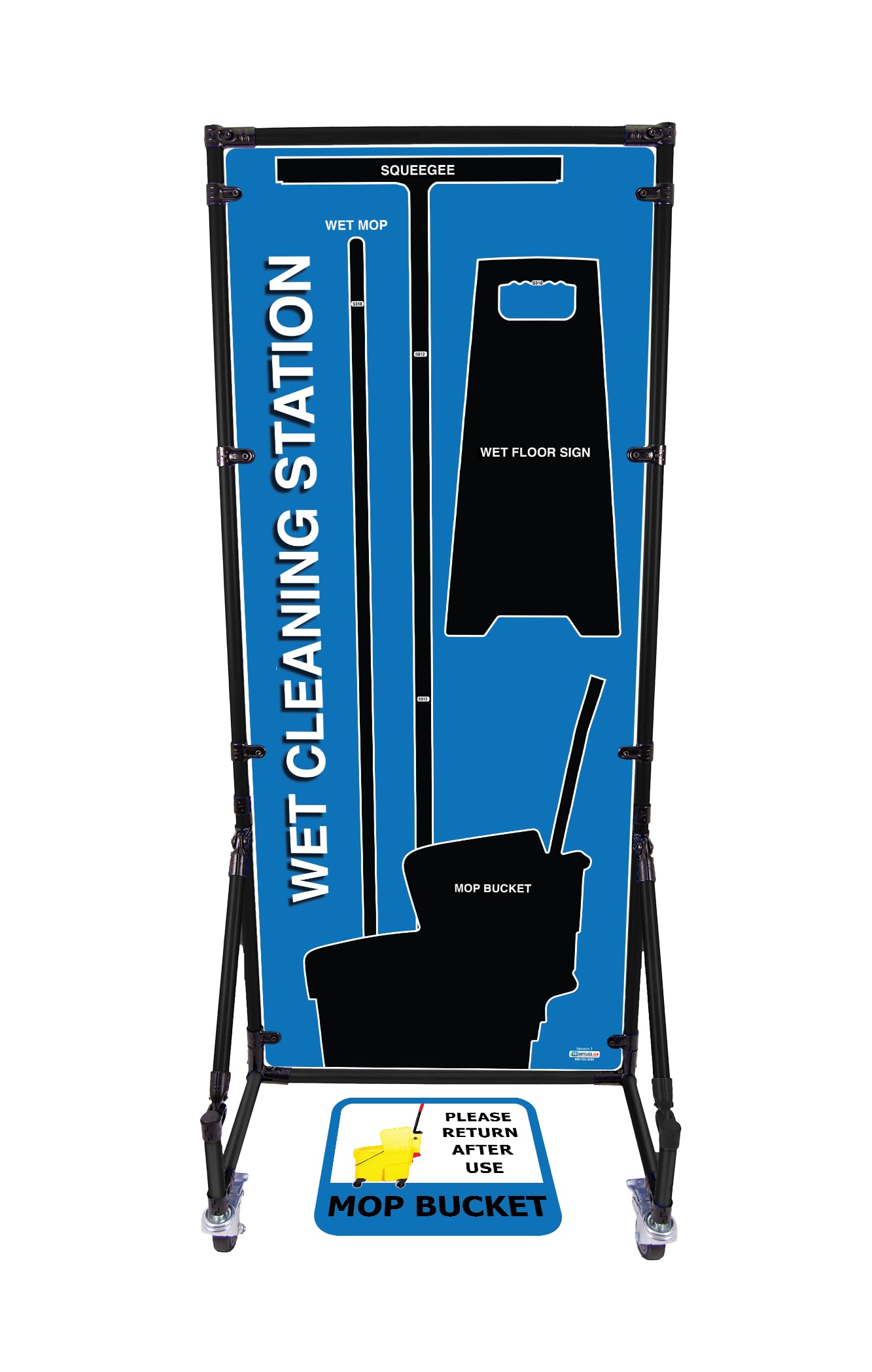 5S Housekeeping Shadow Board Wet Cleaning Station (Version 15) Blue with Black Shadows (Board with Stand)