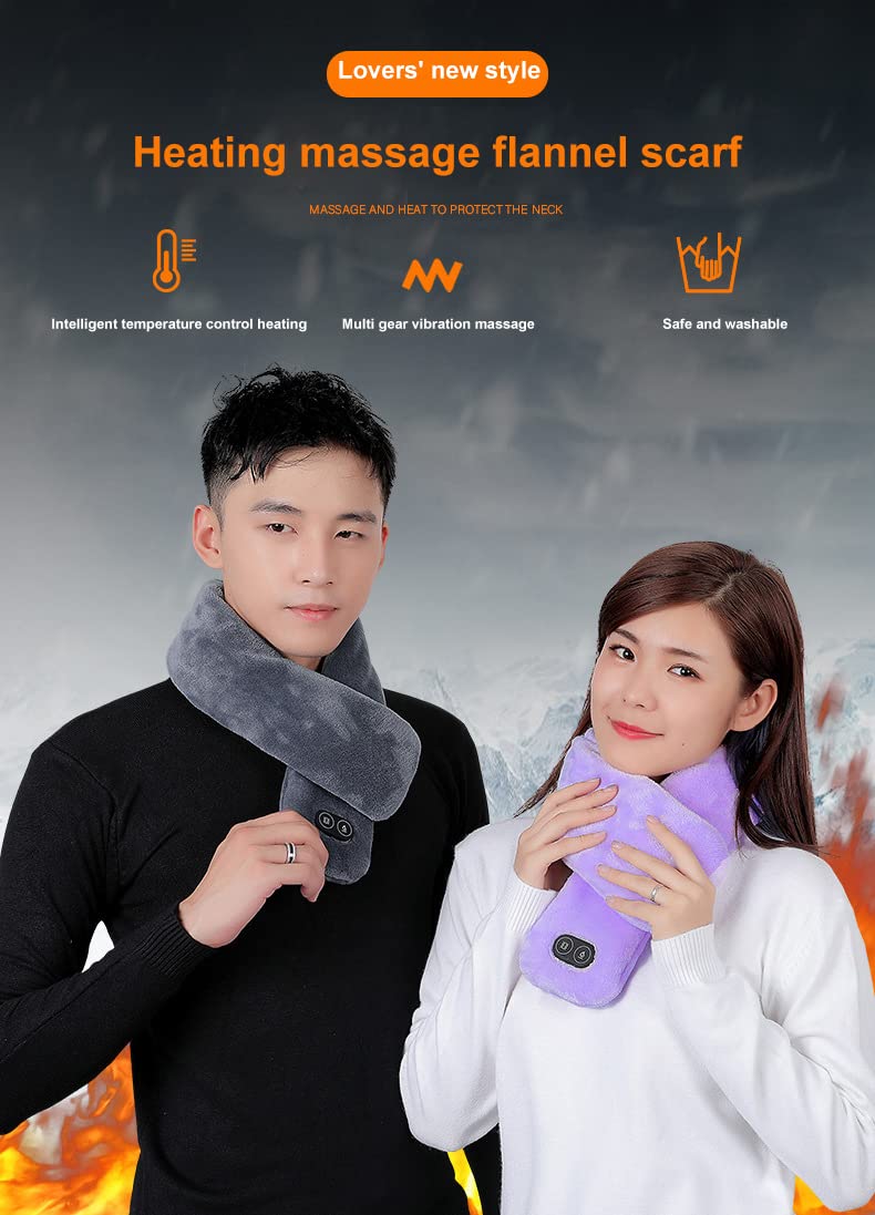 USB Heated Neck Wrap for Men & Women - 3 Temp. & 4 Massage Settings - Soft Scarf for Running, Skiing, Cycling
