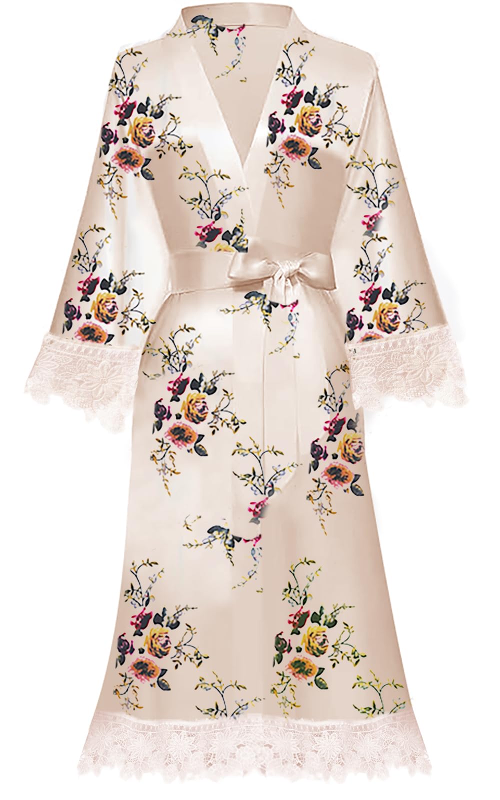 Y Wjing Yi Jia Women's Champagne-B Floral Robes Kimono Dressing Gown Silk Satin Bathrobe Nightdress Short Morning Lace Trim Kimonos Blossoms Bridal Robe