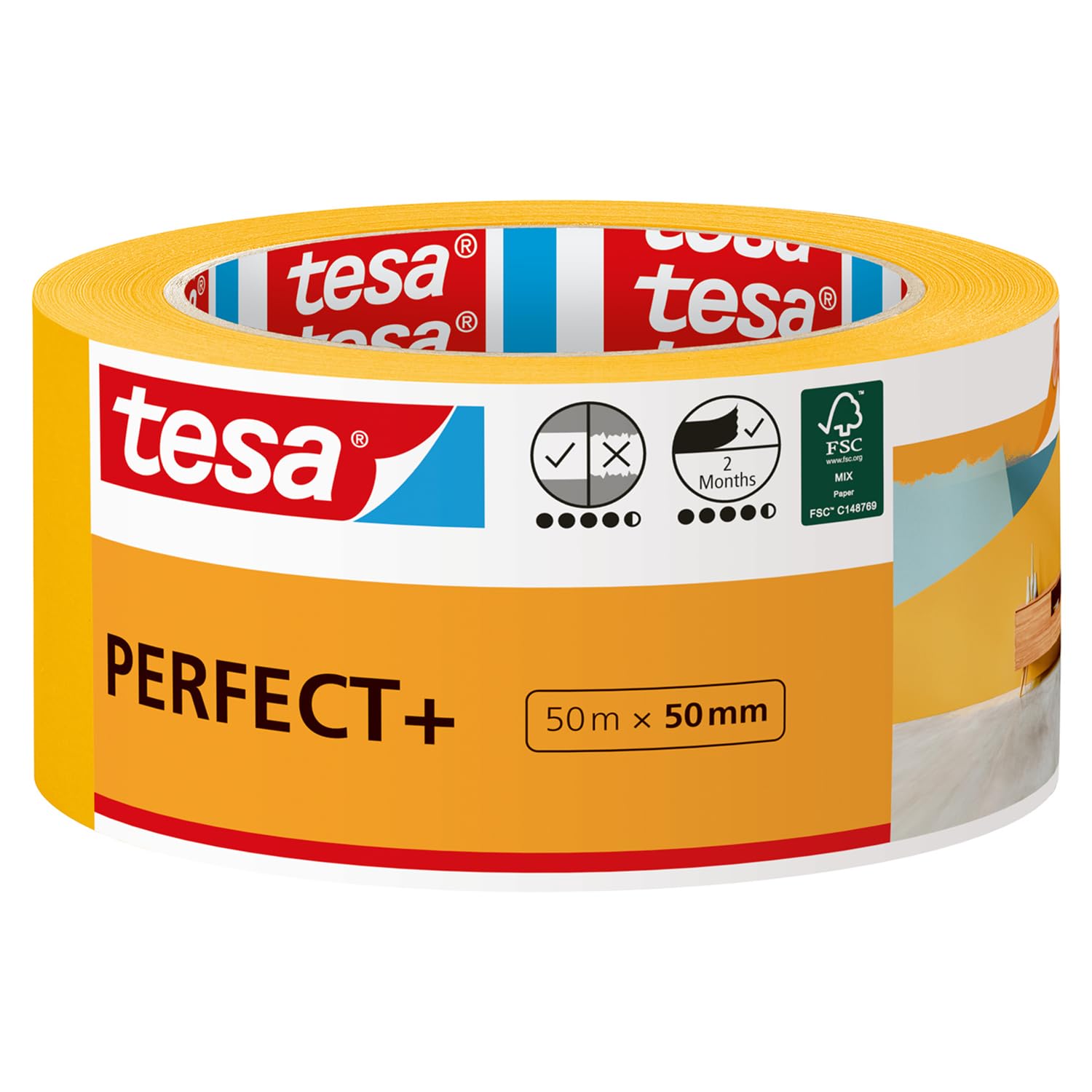 tesa Malerband Perfect+ - Malerkrepp aus dünnem Washi-Papier zum präzisen Abkleben bei Malerarbeiten - für den Innenbereich - 50 m x 50mm