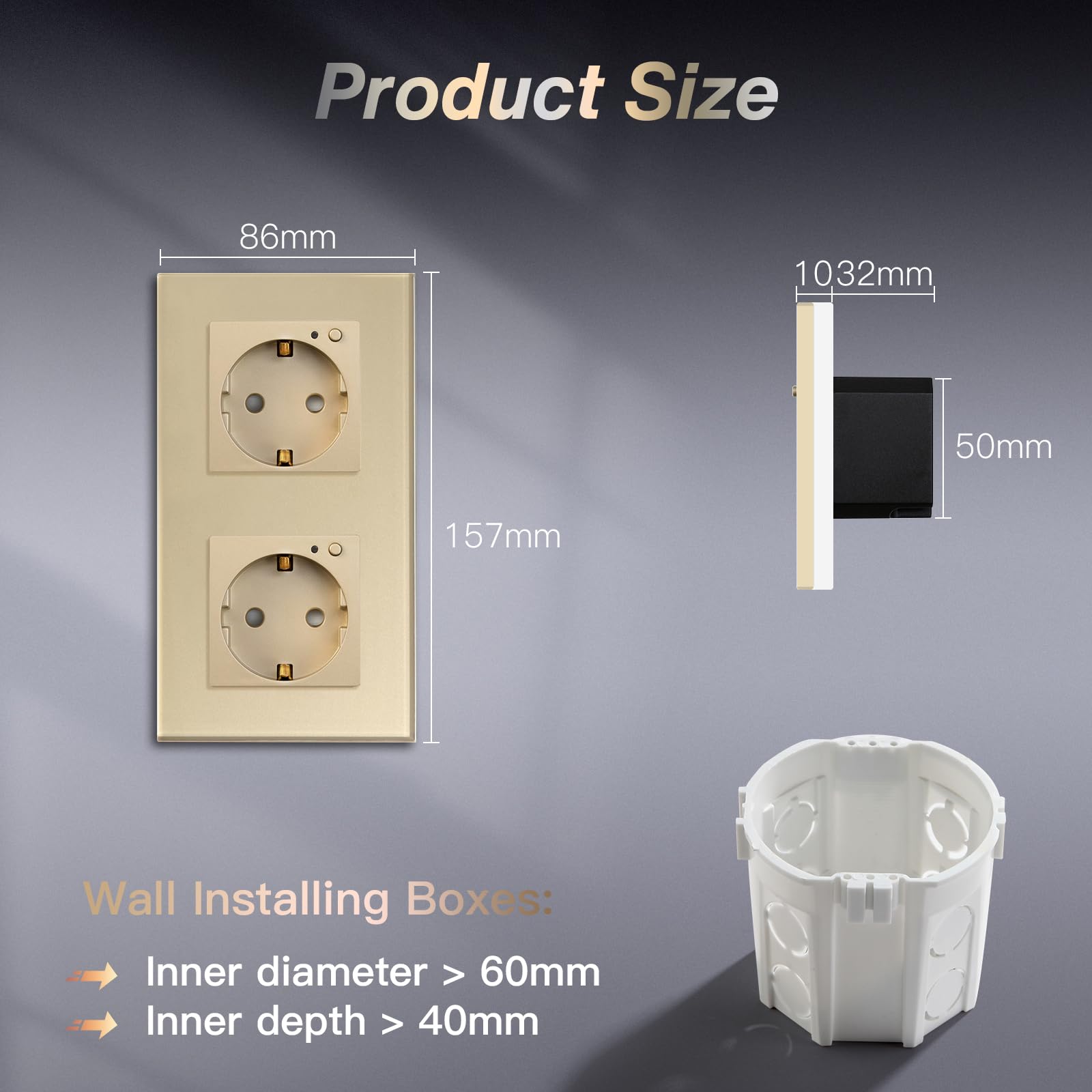 BSEED Presa Schuko Wifi 16A Smart Alexa in vetro, confezione da 2 prese doppie a 2 vie, oro 157 mm, installazione a incasso, controllo app, lavoro con Alexa/Google Home fai da te, solo 2,4 GHz