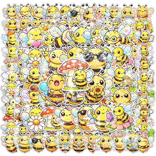 100Pcs Bee Theme Waterproof Vinyl Glitter Holographic Stickers Positive Bee Stickers Cute Bee Decor & Party Favors Decorations for Water Bottle Bumper Car Laptop Skateboard