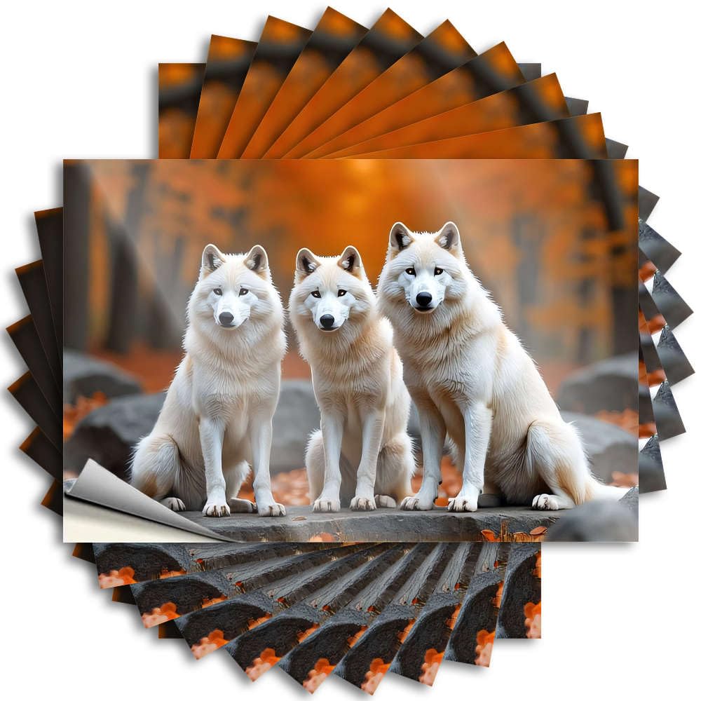 Saying Plush, Girl Helmet Three Wolves Sitting On Rocks in Autumn | Farm(12X18CM)