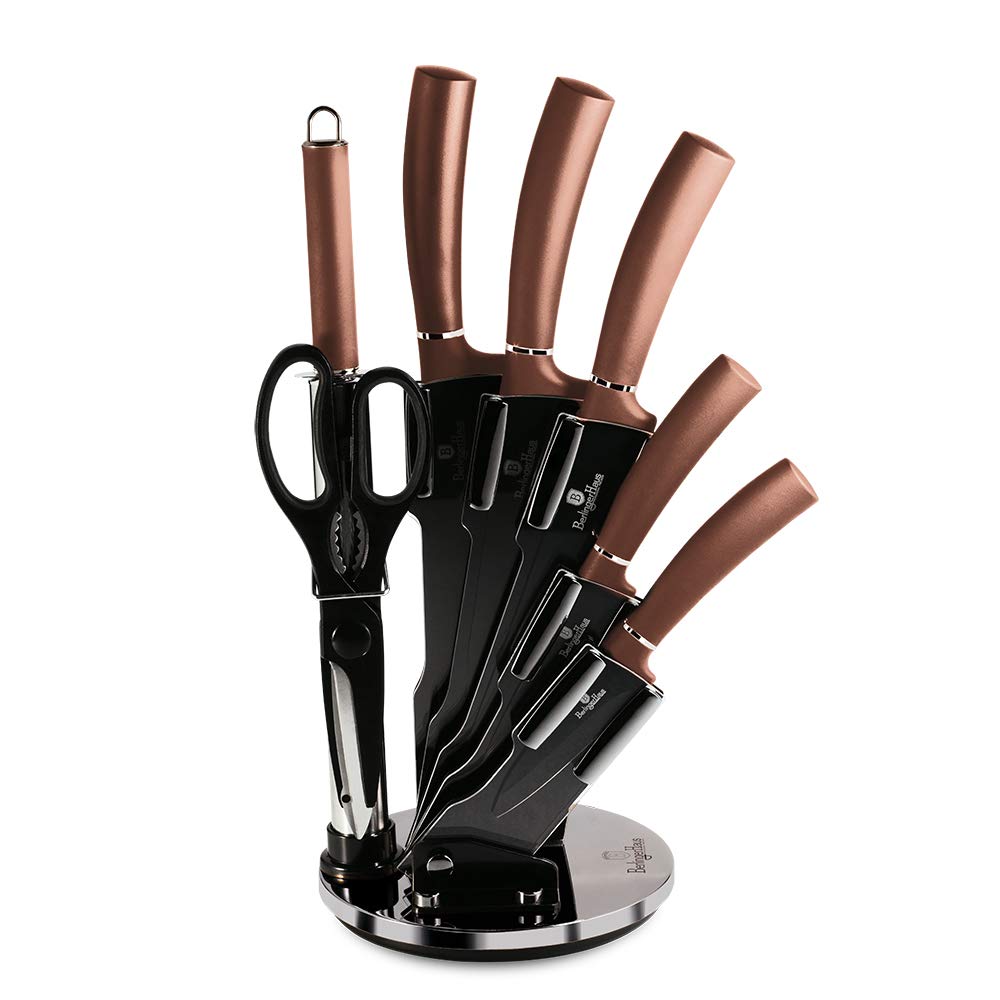 Berlinger Haus Rose Gold Set de Couteaux de Cuisine Professionnel 8 Pièces, Acier Inoxydable, Revêtement Antiadhésif, Support, Couteau de Chef, Santoku, Acier à Aiguiser, Ciseaux, Design Metallic